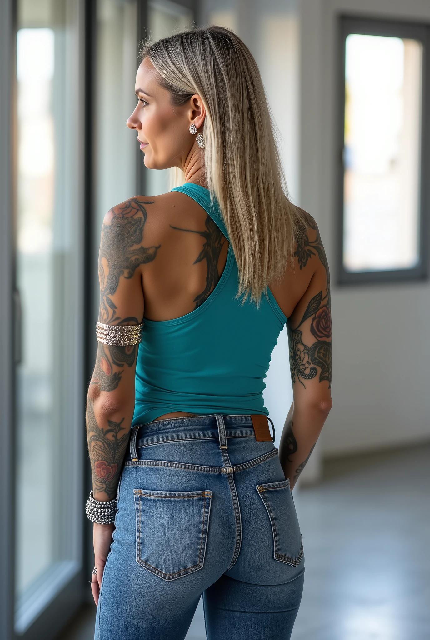 Ultra-realistic full-body rear shot portrait of a mature European woman, 50 years old, visual focus on buttocks, standing confidently in a bright modern loft with wide glass windows and soft natural daylight. She's captured from head to toe, facing away from the viewer but glancing very slightly over her right shoulder with a subtle hint of her profile visible. She has a naturally mature body with age-appropriate curves, one hand resting lightly at her hip while the other arm falls naturally at her side, creating an elegant S-curve. The slightly low three-quarter angle adds depth and highlights her hips and thighs, while drawing attention to the fit of her tight sexy jeans that emphasize her cute butt. Her straight, pin-straight side-parted long blonde hair falls just past her shoulders with prominent silver-grey strands. She wears a turquoise sleeveless tank top firmly and neatly tucked into her jeans, creating a smooth silhouette and revealing extensive artistic tattoos covering her upper back, shoulders, and arms. She accessorizes with multiple silver bracelets stacked on both wrists, decorative gold upper arm bracelets on both biceps, and several statement rings on her fingers