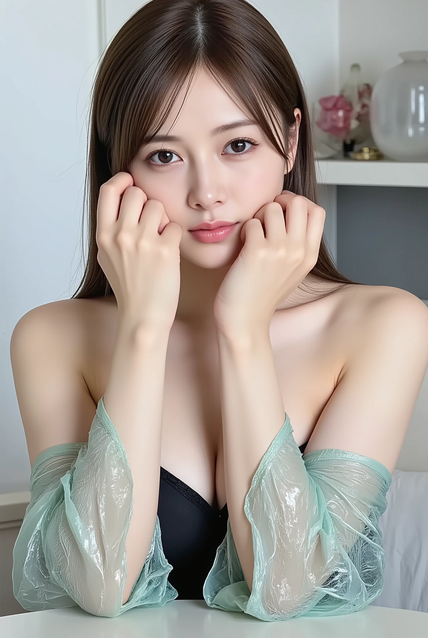 a woman with 1By people,((とても綺麗な長いdark hairedの女性)),((dark haired)),Black hair, long hair,(dark hairedで前髪がある),Realistic Portraits,Realism,Highest Quality,masterpiece,Highest Quality,best image quality,highest resolution,Fine Details, beautiful detailed face,dark eyes,accurate upper body,realistic skin,((squint and smile)),誰もいないIndoorで,in a late-night school classroom,wear large Kurobuchi glasses,((medium long hair in a luxury hotel room)),((((wearing a shiny, shiny band bra made of vinyl fabric)))),show me face forward,facing the front,Elaborate Upper Body ,arms are correctly shown,(wear large black-framed glasses on my face),(暗いIndoorで立っている),super big boobs,Indoor,(((squint, show your teeth and smile))),(((wearing a shiny, shiny band bra made of vinyl fabric))),