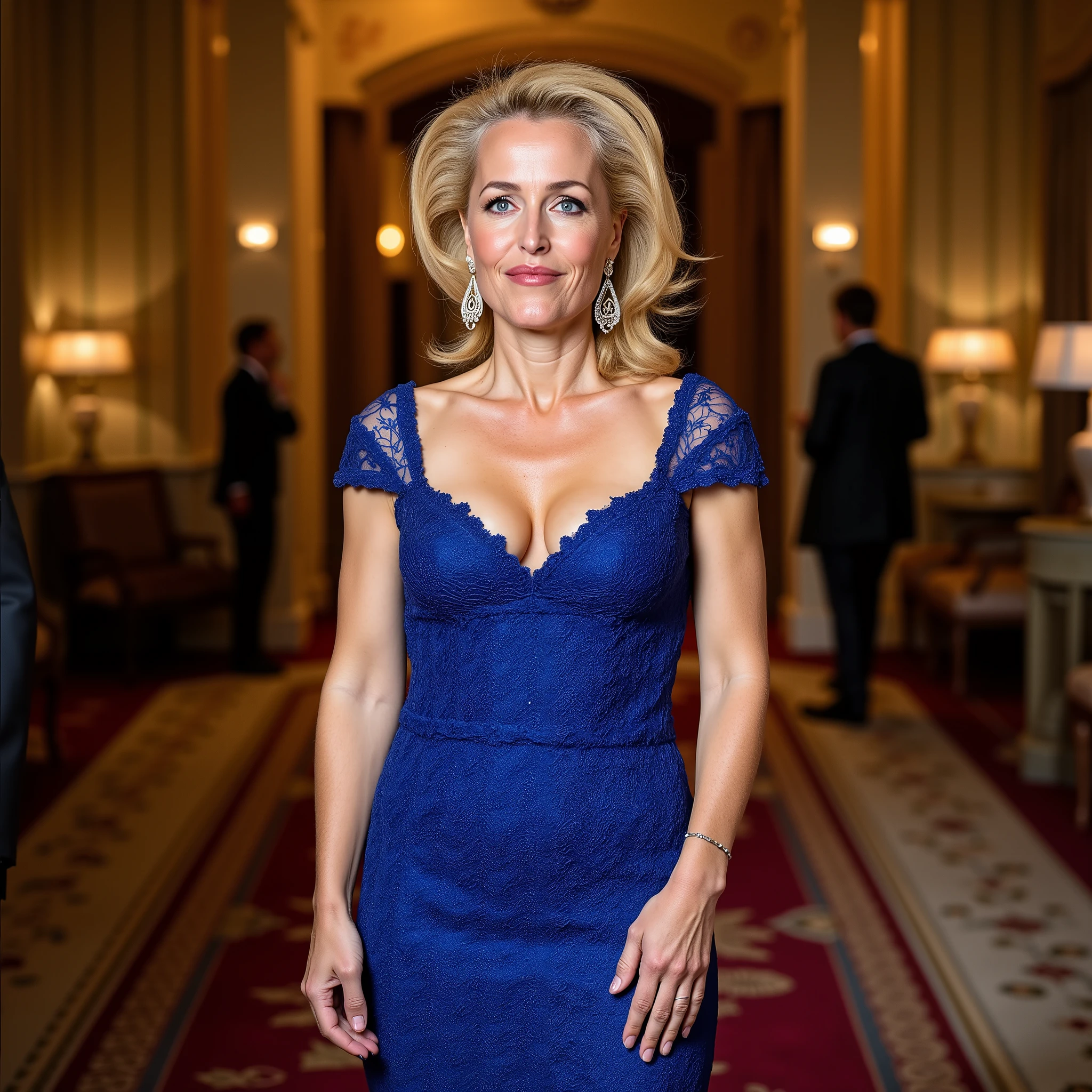 A professional photo of Gillian Anderson. She is dressed in a blue elegant lace dress with low neckline. She is standing in a well-lit fancy ballroom in a palace. She is confident and relaxed. Gillian Anderson,(aquiline nose), 55 years old, beautifully aged, small bosoms, low neckline, blue elegant lace dress, silty blonde hair, fancy haircut, realistic, professional photo, professional lighting, highly detailed, high quality