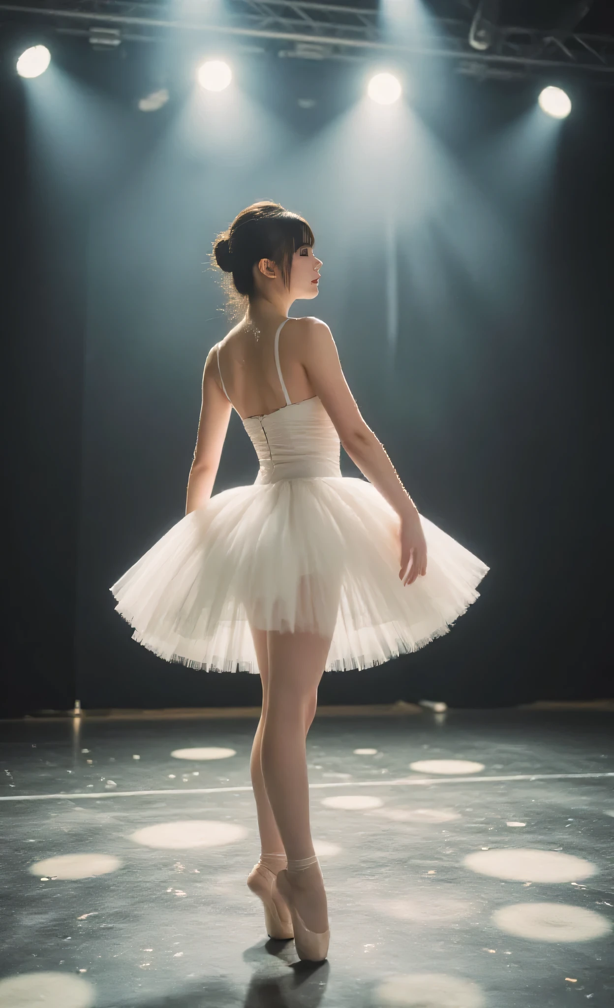 masterpiece, photorealistic, 8k uhd, super detailed, Ultra realistic, Highest Quality, A ballerina in a white tutu photographed during costume rehearsal, Theatrical spotlights creating a dramatic chiaroscuro effect, Speckled light patterns scattered across the stage floor, Shot with a Sony Alpha 1 and a GM 135mm lens/1.8, Gorgeous bokeh thanks to Sony's signature rendering, Light flares add an atmospheric glow, Sharp focus capturing the dancer's perfect posture, Dramatically capturing droplets of sweat on skin as they catch light, Showing exceptional muscle definition and facial expression, Stage lights transformed into softly glowing spheres