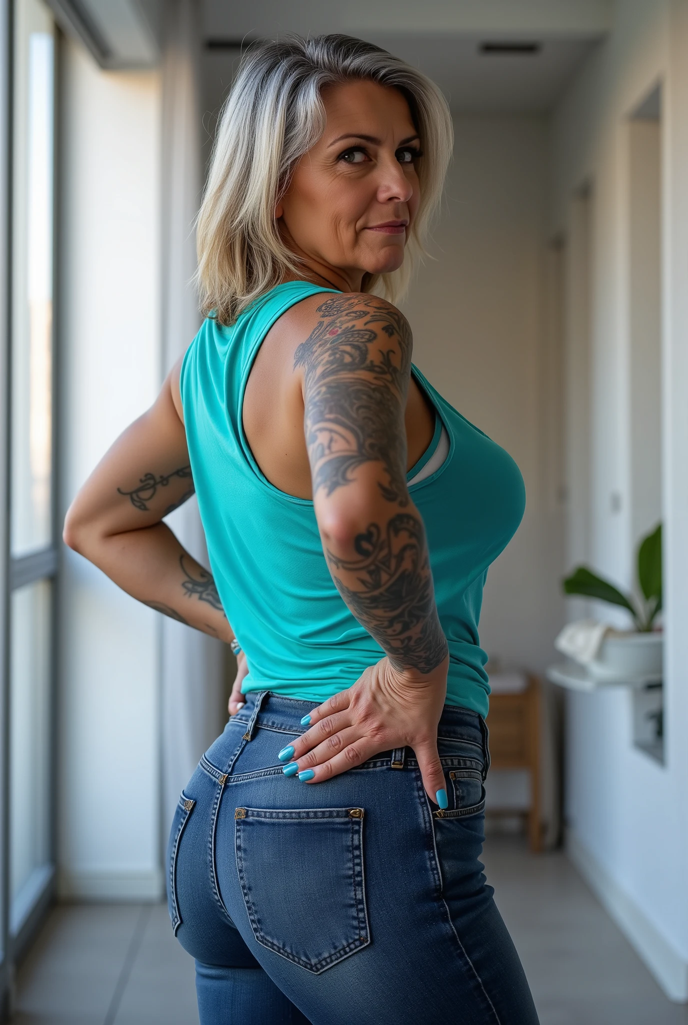 Ultra-realistic full-body rear shot portrait of a mature European woman, 50 years old, glancing over her shoulder with a powerfully commanding expression - one eyebrow slightly raised, lips pursed in subtle dominance, eyes piercing with unmistakable authority. Her face exudes superior confidence and strict control. She stands with exceptional poise in a bright modern loft, her extraordinarily wide hips and broad buttocks creating a dramatic pear-shaped silhouette in tight-fitting jeans that hug every curve. Her posture is deliberately imposing - spine straight, shoulders back, chin slightly elevated to enhance her air of dominance. One hand rests on her hip with fingers splayed possessively across her wide pelvis, while her other arm hangs at her side with a controlled tension in her fingers. Her turquoise sleeveless tank top clings to her torso and is firmly tucked into her jeans, accentuating the erotic contrast between her narrower waist and dramatically wide hips. The fabric stretches slightly across her chest, hinting at her mature curves. Her straight blonde hair with silver-grey highlights is pulled slightly to one side by her turning motion, exposing the nape of her neck in an subtly erotic manner. The lighting creates sensual shadows that emphasize the texture of her skin and the commanding presence of her wide hips. Her extensive tattoos suggest a woman who makes her own rules. Her cobalt blue fingernails appear almost like talons, adding to her aura of strict control and dominance. The atmosphere is charged with tension and unspoken power dynamics.