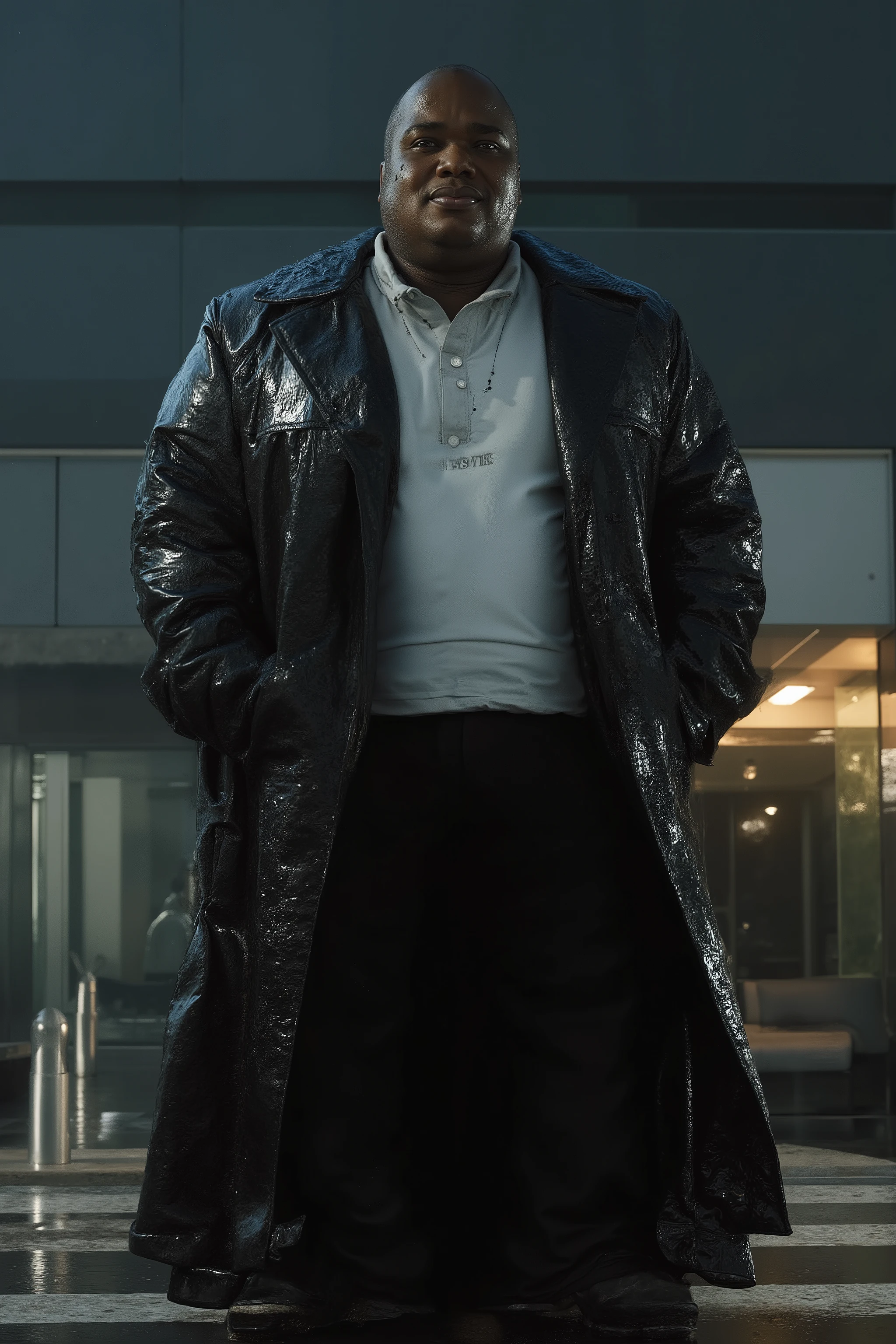 A fat black man weighing 800 pounds, giant man, wearing a shiny long black leather trenchcoat on a stormy night in Japan, wearing a white latex shirt with sweat droplets on it, wearing thick black leather jeans, at dusk outside of a modern hotel made of brushed aluminum