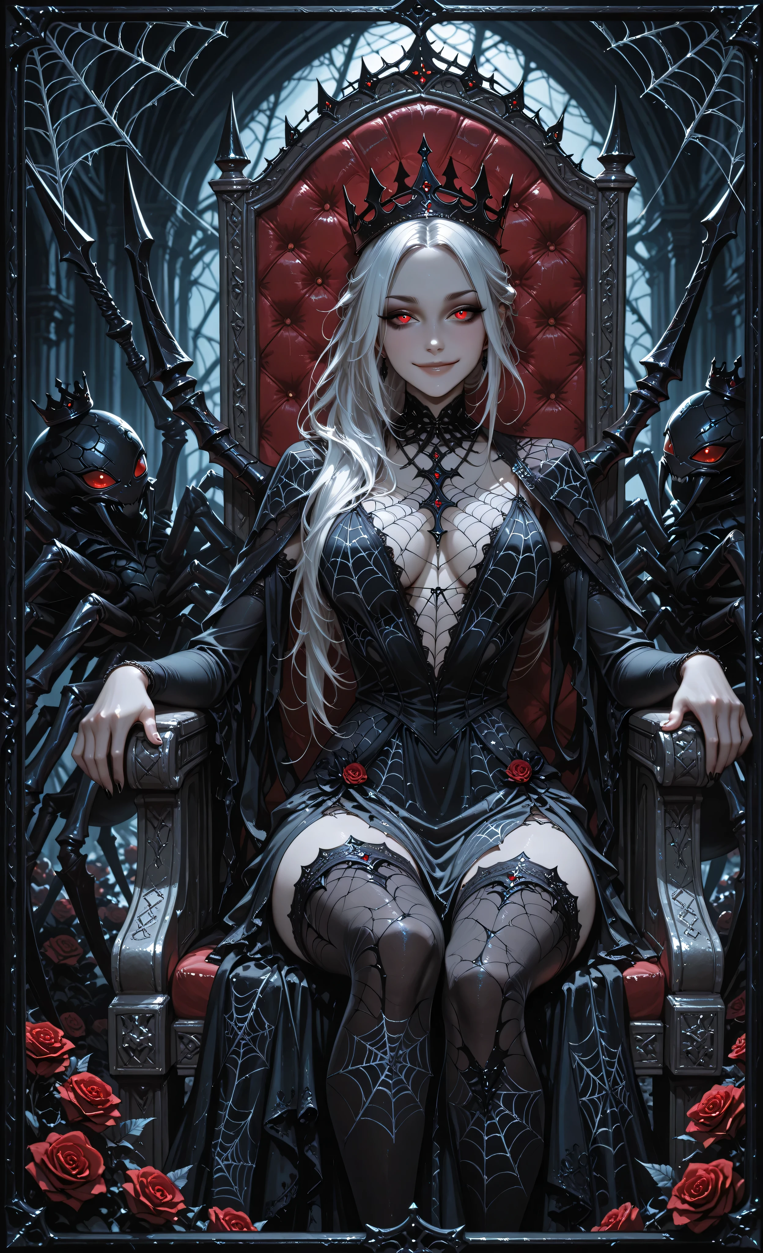 (masterpiece, detailed:1.2), (masterpiece, best quality, 8k, ultra detailed, sharp focus, digital painting), gothic fantasy, monochrome, high contrast, 1girl, European descent, (Arachne in human form), seated on throne, long silver-white hair, striking red eyes, pale complexion, subtly menacing expression, thin-lipped smile, wearing: black ornate dress with plunging neckline, sharp angular embellishments extending to shoulders and arms, (wing-like structures resembling spider legs:), necklace with heart-shaped design, (spider web patterns on dress:1.3), surroundings: (sitting on web-covered throne), (complex spiky crown framing head:1.3), (surrounded by spider webs:1.3), (black thorny roses:1.3), dark cavern setting, ominous atmosphere, lighting: dramatic focused lighting, deep shadows, highlights on web strands and roses, cinematic contrast, atmosphere: ominous elegance, dark fantasy, arachnid queen, menacing beauty. dynamic pose