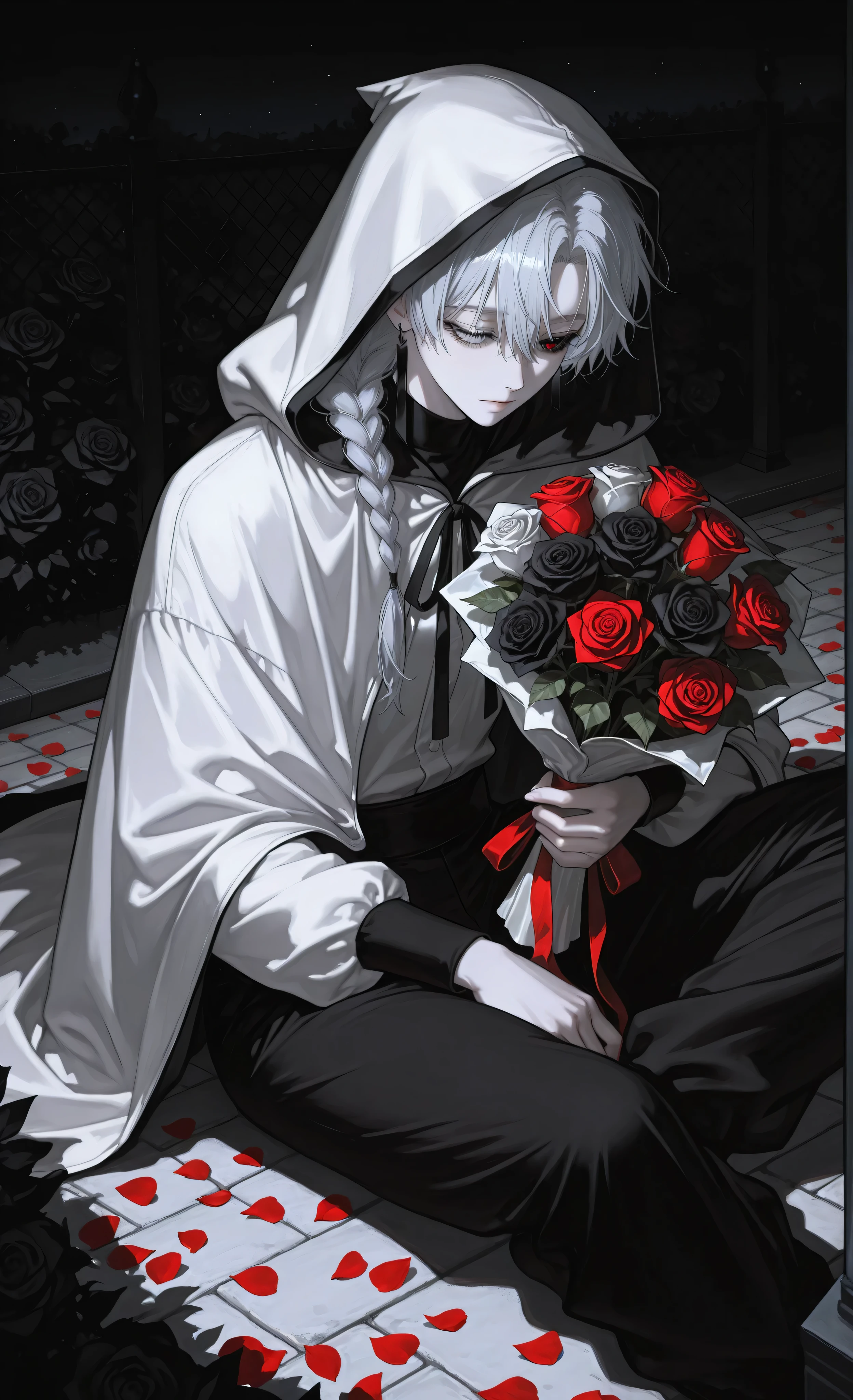 moody lighting, dramatic shadows, bloom lighting, colored shadows, (masterpiece, best quality, 8k, ultra detailed, sharp focus, digital painting), anime style, dreamlike atmosphere, nocturnal serenity,
1person, ambiguous ethnicity, late teens to early twenties, seated with legs crossed,
pale skin, short silver hair with single braid,
heterochromia (one light eye, one dark eye), gentle expression looking down,
wearing: white button-down shirt, black pants,
white hooded cloak with black trim, visible earring,
action: holding (bouquet of black and white roses:1.4) tied with red ribbon,
setting: (sitting in garden at night:1.5), surrounded by white rose bushes,
moonlight, (scattered red rose petals on ground:1.3),
bright star in sky, soft-focus background,
lighting: (moonlight glow:1.4), soft lighting, cool color palette,
ethereal atmosphere, delicate shadows,
composition: slightly elevated angle, clean lines, detailed rendering,
melancholic beauty, peaceful nocturnal scene