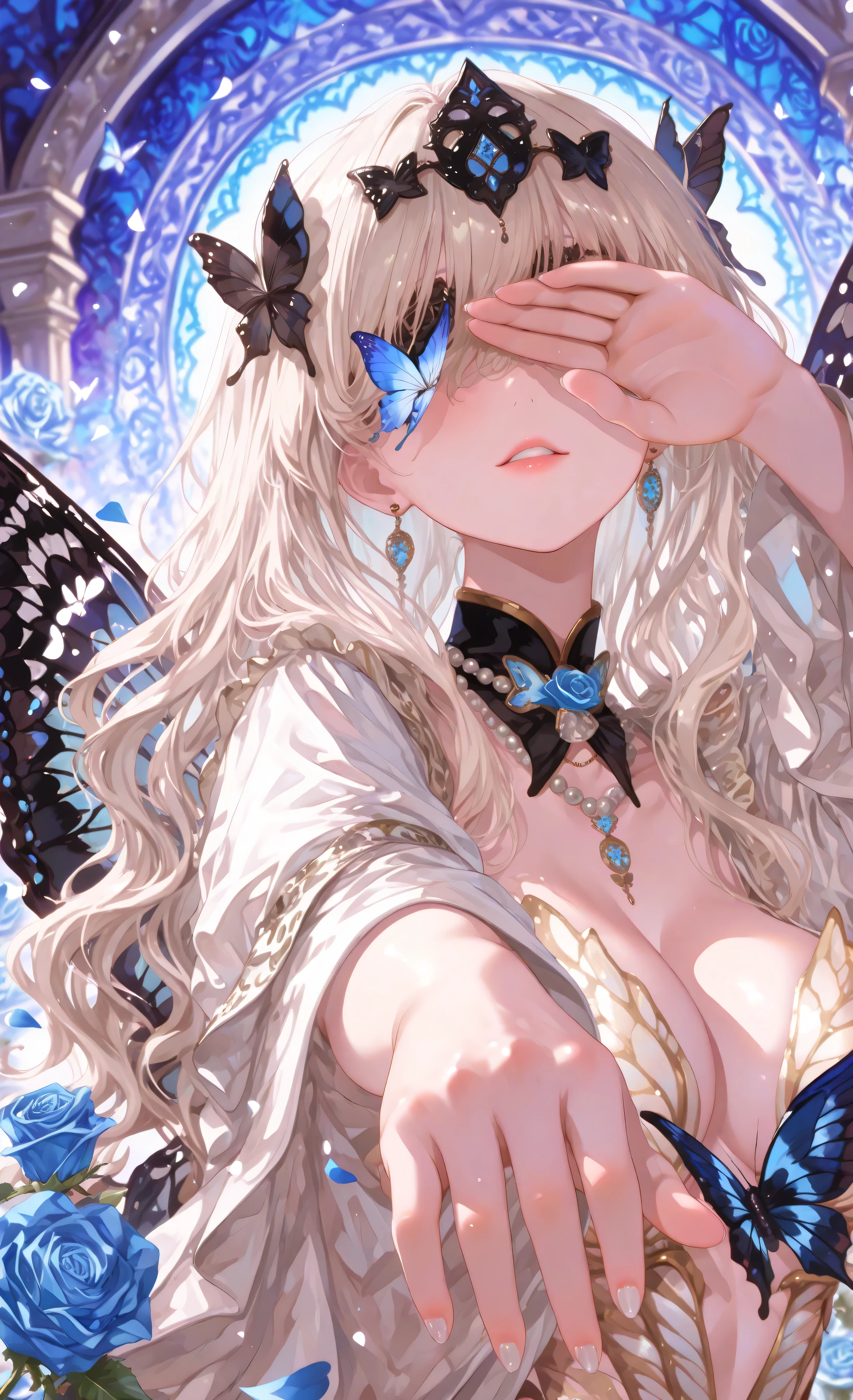 (masterpiece, detailed:1.2), (masterpiece, best quality, 8k, ultra detailed, sharp focus:1.3), digital painting, anime style, high fashion, ethereal atmosphere, delicate beauty,
1girl, solo, young woman, pale skin, (platinum blonde voluminous wavy hair:1.4), delicate features, gazing directly at viewer, serene expression, slightly parted lips,
wearing: (black headpiece with large black butterfly wings:1.6), (blue butterflies partially covering eyes:1.5), black Victorian high-collared top, (layered white sheer sleeves:1.3), pearl necklace, pearl earrings,
action: (hands gracefully framing face:1.4), elegant pose, painted fingernails,
(blue roses:1.4), (floating blue butterflies and rose petals:1.3), // Добавлены розы и связка с бабочками
background: (deep blue gradient:1.3), dreamlike, mystical,
lighting: soft diffused lighting, dramatic contrast, fantasy glow, backlighting,
style: surreal fashion, whimsical elegance, (butterfly goddess aesthetic:1.5), medium shot