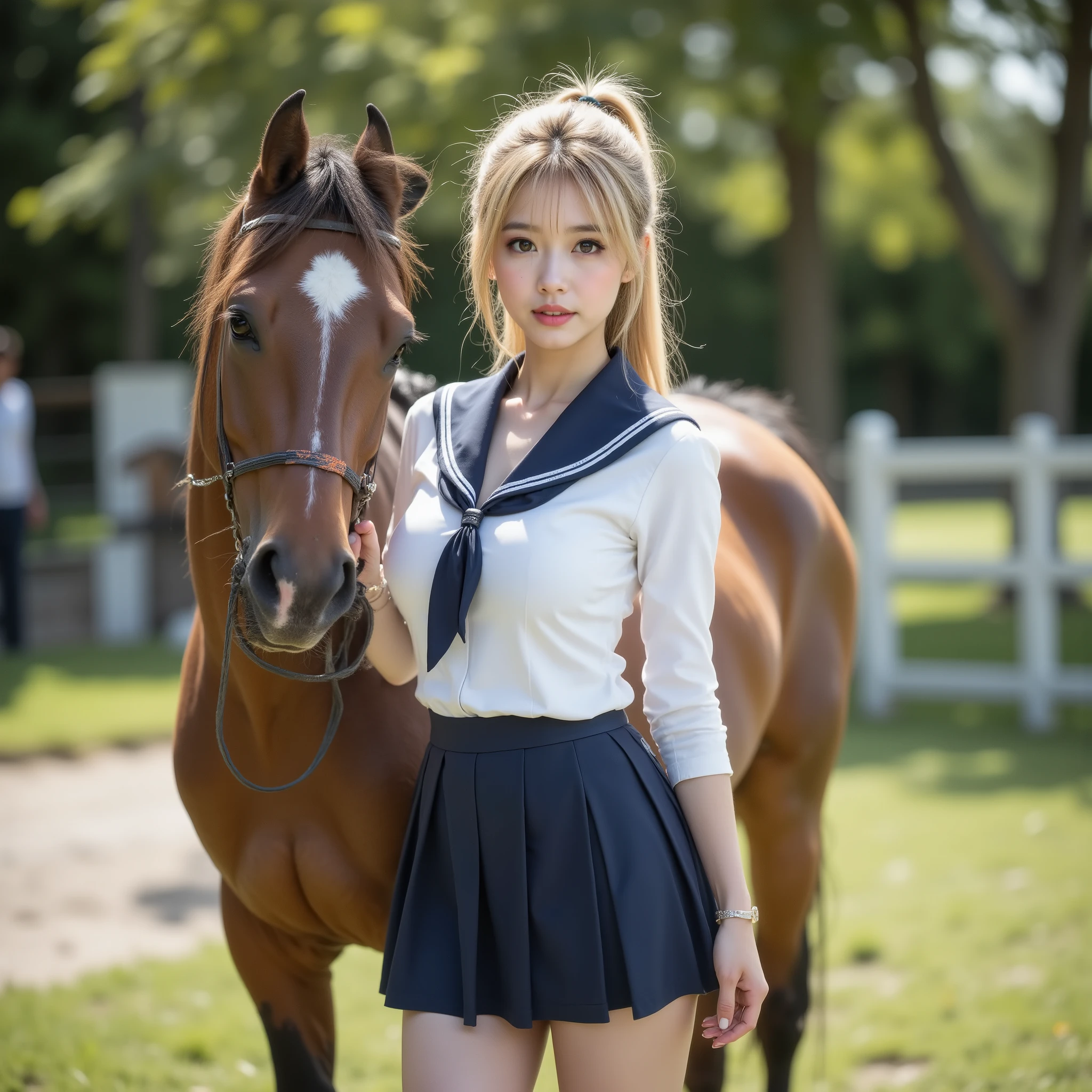 ((Japanese top idol female:1.5)), (Equestrian Instructor), (Walking with a horse:1.15), (Full body photo,   standing ,   sexy pose ), thin thighs , I can see very fine skin,  Beautiful Real and Cute Faces   ,    white skin,  f-cup chest ,   Perfect Anatomy  ,    beautiful eyes ,    brown eyes before vaginal intercourse  , (Accurate Hands and Feet), ( super real , 16k,   attention to detail ,   super high resolution,   Highest Quality), ( Blonde Ponytail :1.5,  Ultra Clear Focus  , ( white and blue sailor suit)),   Original photo ,   Extremely Delicate ,   Super Beauty  ,   perfect style ,    perfect balance  ,  Beautiful lighting arranged in an orderly manner,    PERFECT BRIGHT LIGHTING ,   23 years old,  gentle face  ,  Realistic and beautiful face ,  Realistic   beautiful eyes , Tight Clothes Perfect for Skin   , bare hands,    black fishnet tights