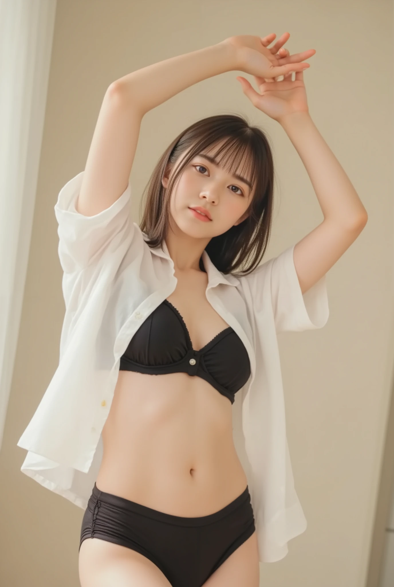 solo、20 Year Old Japanese Idol、beautiful woman taking off plastic、full body、Big Ass、oversized short sleeve shirt、black underwear、Waking up、Raise your hands up and stretch your body、no bra