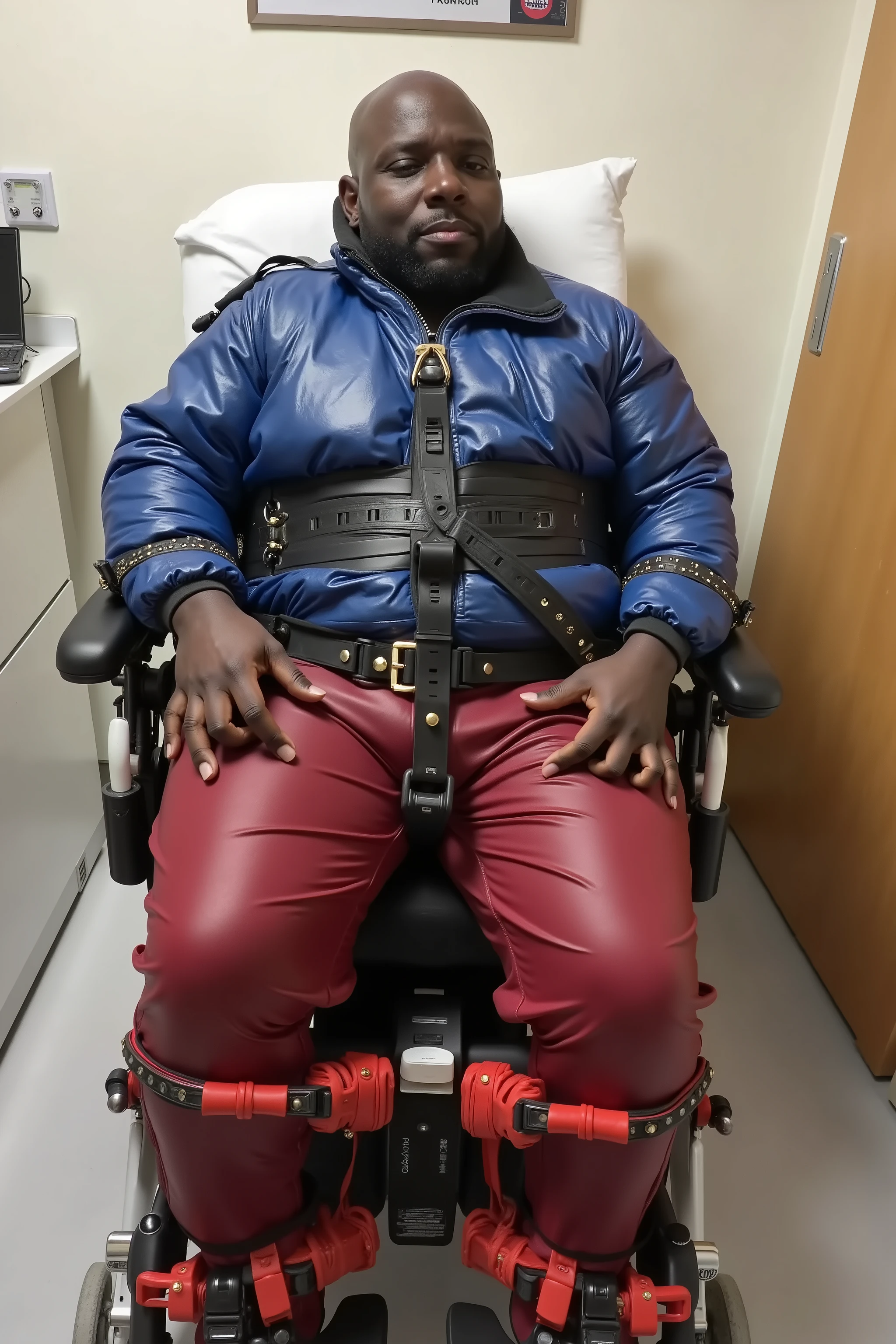 A 58 year old fat ugly bald black man weighing 500 pounds sitting in a powered wheelchair wearing a heavy thick blue puffy quilted leather jacket, wearing tight red leather jeans, wearing a heavy thick shining black restraint belt on his hip, restraints hold his arms and chest, the restraints are locking segufix straps made of red shiny thick rubber, he is in a hospital room
