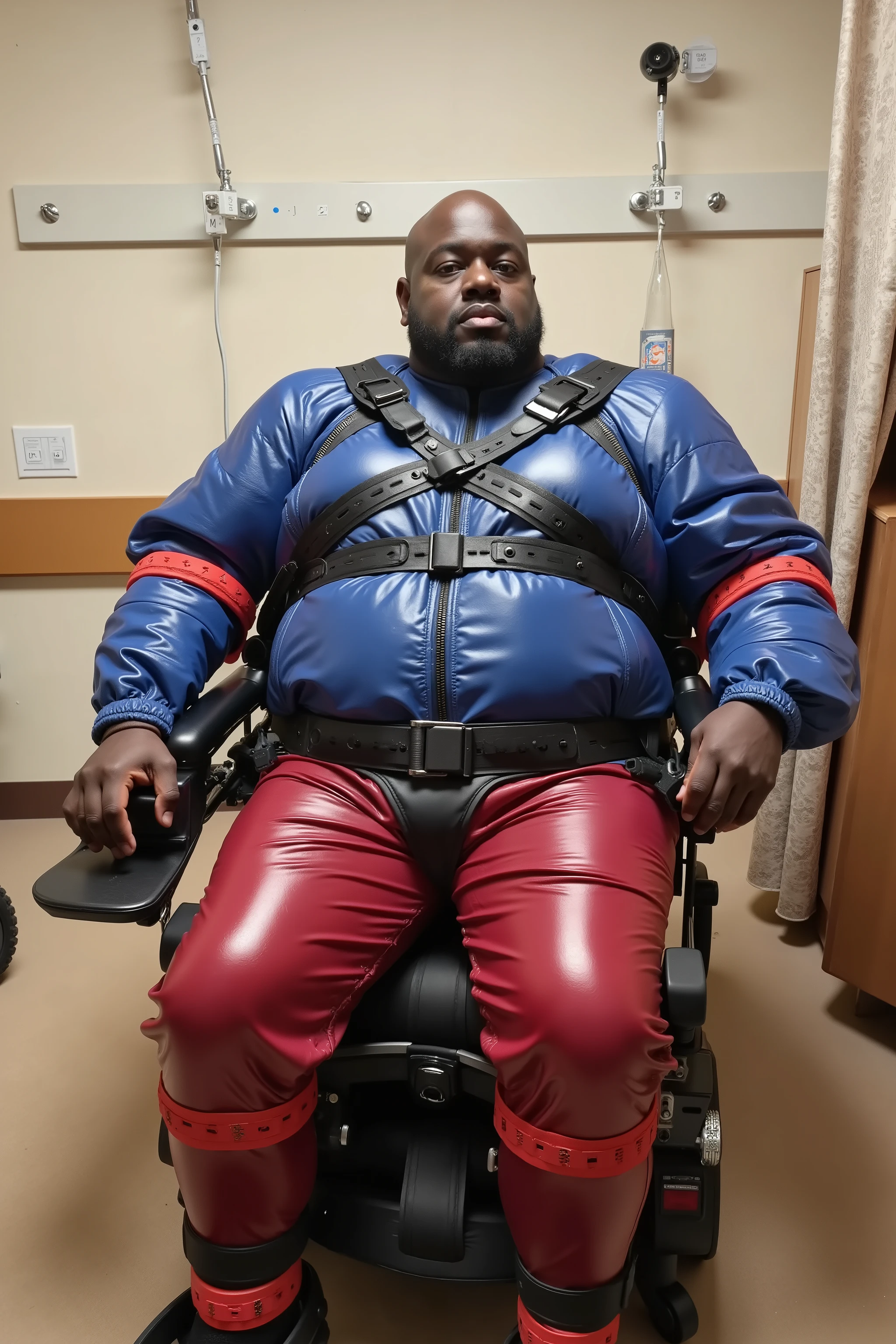A 58 year old fat ugly bald black man weighing 500 pounds sitting in a powered wheelchair wearing a heavy thick blue puffy quilted leather jacket, wearing tight red leather jeans, wearing a heavy thick shining black restraint belt on his hip, restraints hold his arms and chest, the restraints are locking segufix straps made of red shiny thick rubber, he is in a hospital room