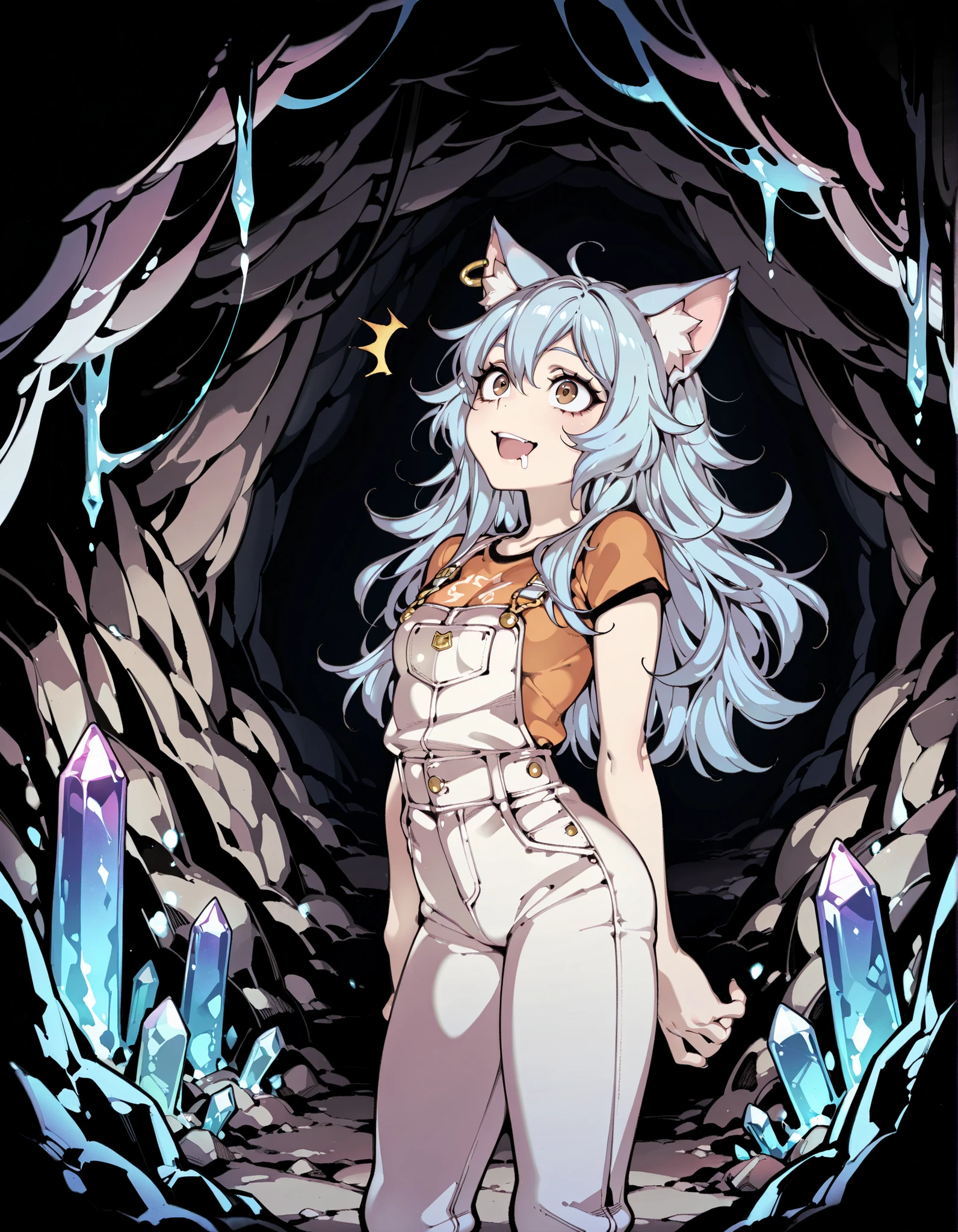 Source_anime, cute female, fishine style, 1girl, cat girl BREAK 

Cat ears, animal fluff ears, light blue ears, white fluff, long hair, messy hair, light blue hair, small breasts, single ear piercing, bronze piercing, brown eyes 

White overalls, short sleeves, blue overalls 

Surprised face, drooling, looking up, standing, smile, open mouth, wide-eyed, looking at side

Cave interior, Gem,Cryscavemb, crystal, cave, (blue interior)