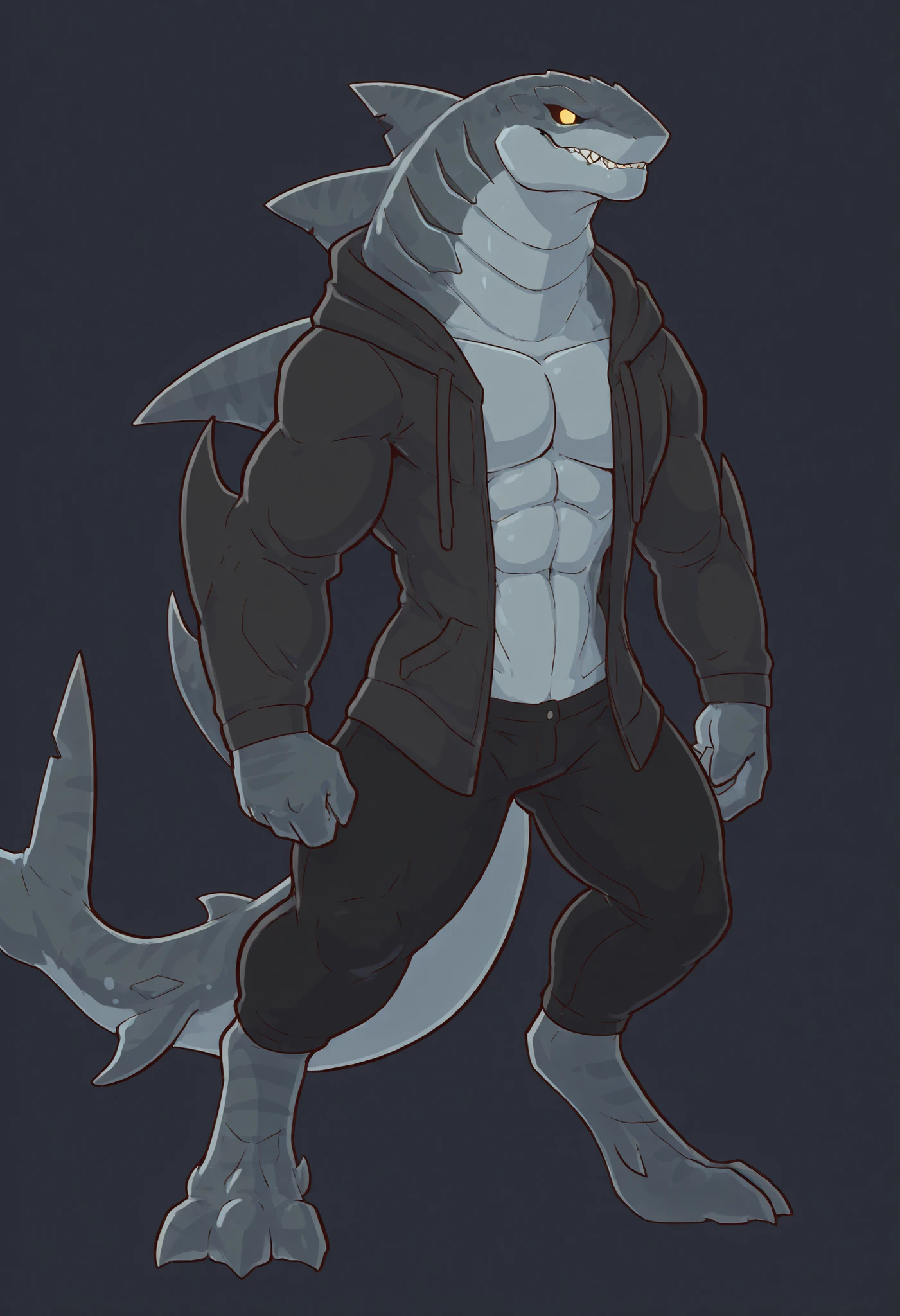 masterpiece, best quality, horsesoul, flat_color, solo,1 woman, dnd, sharkman, anthro kohalasaurus, solo, bara, bulky, detailed skin, lizard shark hybrid, anthro, closed mouth, detailed scalie skin, scalie arms, fins on arms, dark gray color body, beefy, digitigrade legs, proporcional body, black pants, one big dorsal fin, wearing open hoodie revealing torso, wide , trapezoid body type, marked jaw, 3 toes, strong shark tail, shark species, sharp teeth, muscular, best quality, ultra-detailed, detailed illustration of 4K horror