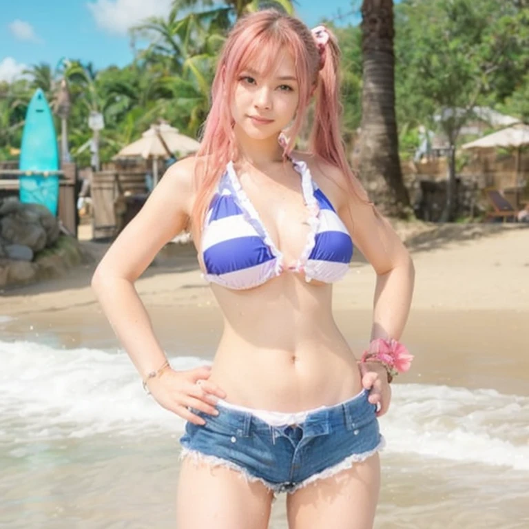 an anime character is in  on the beach near water with trees in the background 1 girl, outdoors, , swimsuit, pink hair, , navel, solo, day, beach, blue eyes, looking at viewer, smile, wet, sky, barefoot, cloud, parted lips, stomach, white , , long hair, bangs, ocean, water, 