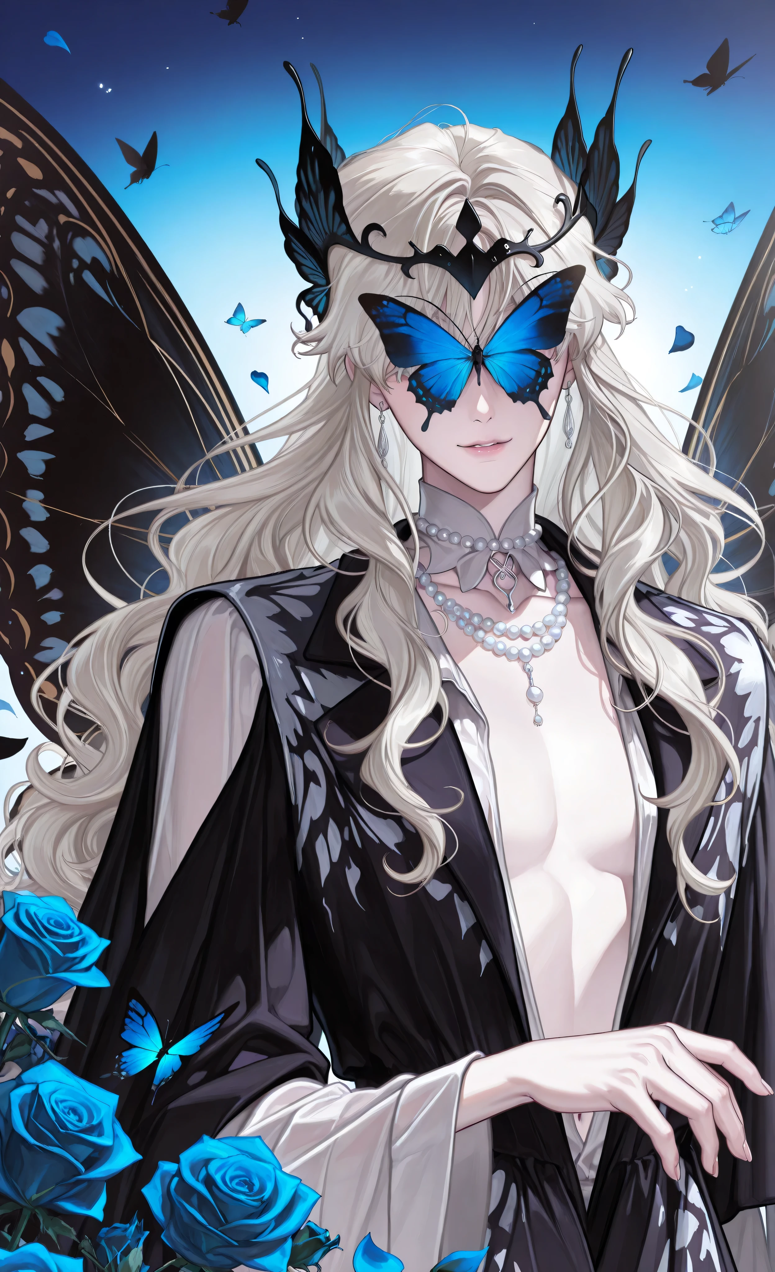 (masterpiece, detailed:1.2), (masterpiece, best quality, 8k, ultra detailed, sharp focus:1.3), digital painting, anime style, high fashion, ethereal atmosphere, delicate male beauty, 1man, solo, young man, pale porcelain skin, (platinum blonde voluminous wavy hair:1.4), androgynous features, sharp jawline, gazing directly at viewer, serene expression, slightly parted lips, wearing: (black headpiece with large black butterfly wings:1.6), (blue butterflies partially covering eyes:1.5), black Victorian high-collared coat, (layered white sheer sleeves:1.3), pearl choker necklace, silver earrings, action: (slender hands gracefully framing face:1.4), elegant pose, polished black fingernails, (blue roses:1.4), (floating blue butterflies and rose petals:1.3), background: (deep blue gradient:1.3), dreamlike, mystical, lighting: soft diffused lighting, dramatic contrast, fantasy glow, backlighting, style: surreal fashion, whimsical elegance, (butterfly deity aesthetic:1.5), medium shot, bishonen