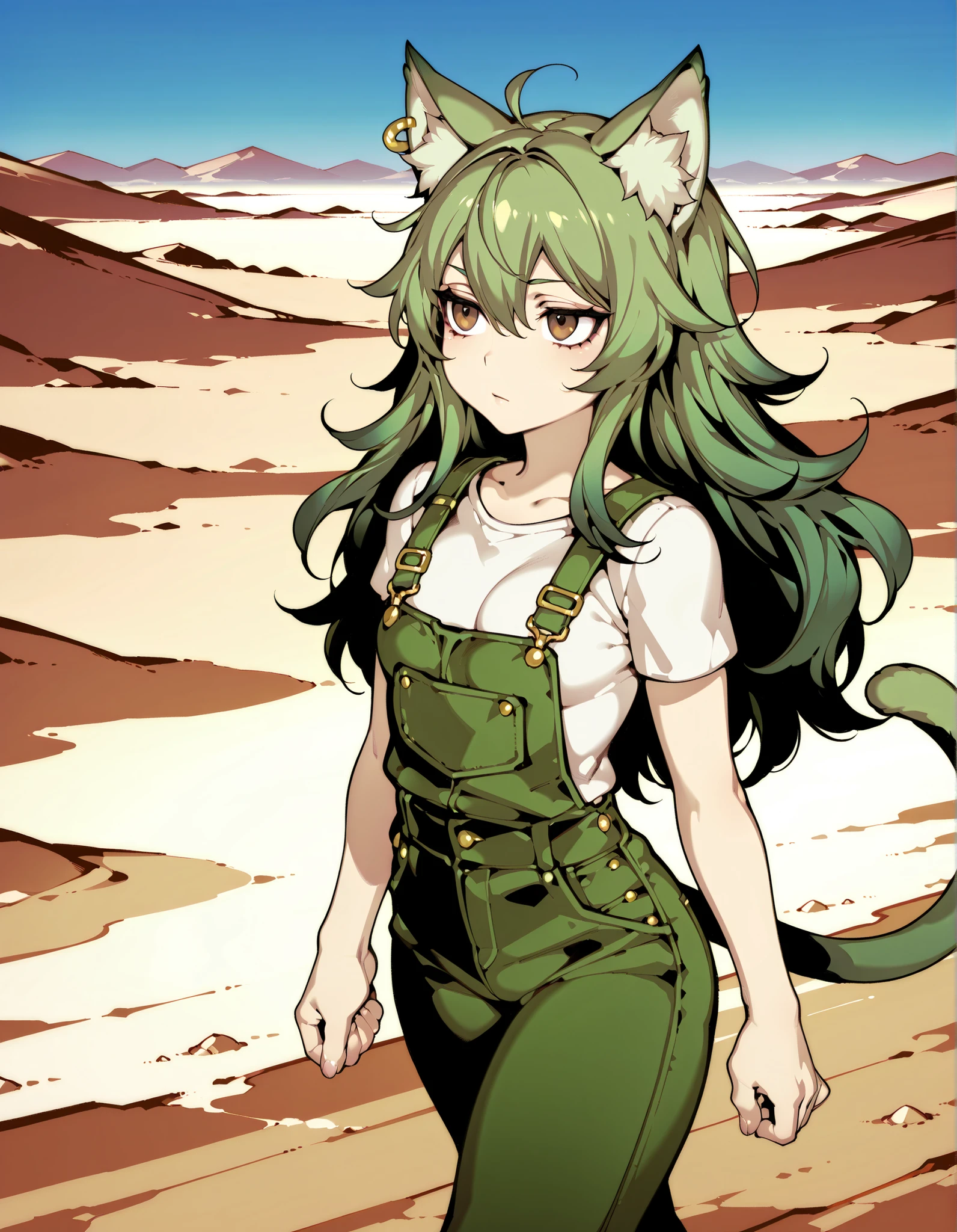 Source_anime, cute female, fishine style, 1girl, cat girl BREAK
Cat ears, animal fluff ears, green ears, white fluff, long hair, messy hair, green hair, small , single ear piercing, bronze piercing, brown eyes
White shirt, short sleeves, green overalls
Bored face, looking away, walking, emotionless, closed mouth, looking at side
Nature island, outdoors, Desert, sand landscape, blue sky,