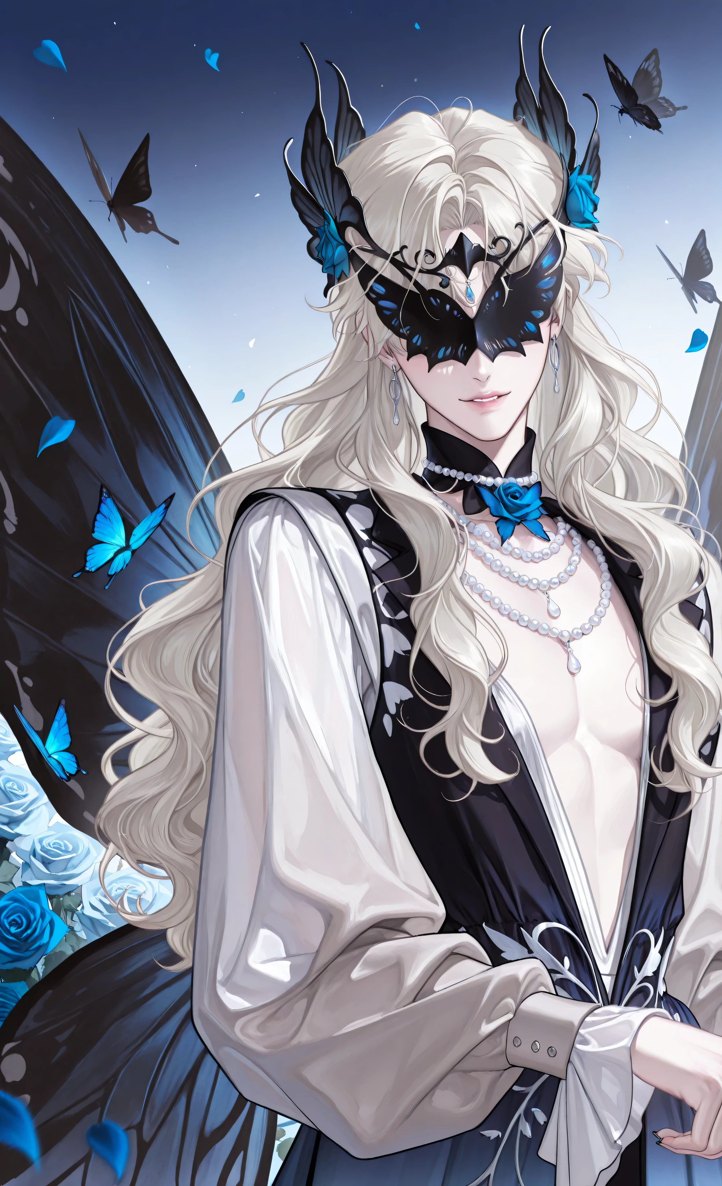(masterpiece, detailed:1.2), (masterpiece, best quality, 8k, ultra detailed, sharp focus:1.3), digital painting, anime style, high fashion, ethereal atmosphere, delicate male beauty, 1man, solo, young man, pale porcelain skin, (platinum blonde voluminous wavy hair:1.4), androgynous features, sharp jawline, gazing directly at viewer, serene expression, slightly parted lips, wearing: (black headpiece with large black butterfly wings:1.6), (blue butterflies partially covering eyes:1.5), black Victorian high-collared coat, (layered white sheer sleeves:1.3), pearl choker necklace, silver earrings, action: (slender hands gracefully framing face:1.4), elegant pose, polished black fingernails, (blue roses:1.4), (floating blue butterflies and rose petals:1.3), background: (deep blue gradient:1.3), dreamlike, mystical, lighting: soft diffused lighting, dramatic contrast, fantasy glow, backlighting, style: surreal fashion, whimsical elegance, (butterfly deity aesthetic:1.5), medium shot, bishonen