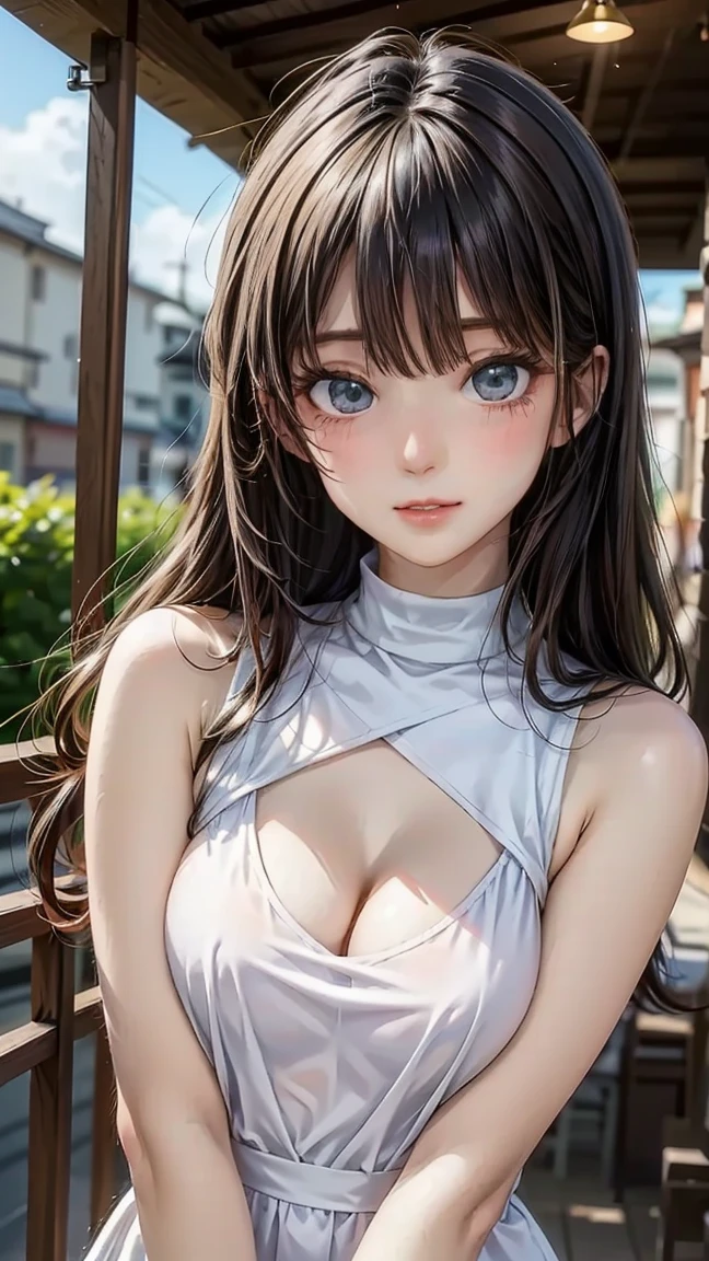 (8K, 超High resolution, highest quality, debris flies:1.2),(26 years old:1.2)、(big smile)、(look away)、8K、Japanese girl raw portrait、超High resolution、highest quality、 (small ???????:1.5),(sleeveless knit dress:1.5)、(from below:1.2)、walk、support your ????? with your hands、(????? shot:1.2)、(city:1.4) Blake is (natural skin texture、fine skin、hyper realism、Super sharpness)、intricate details、Depth of written boundary、idol sculpture、actress model pose、 lady、、long silver hair、Rear view、beautiful ????、star piece、highest quality、High resolution))、(1 girl)、(realistic:1.4)、alone、close your mouth、Smile、smile happily、pretty black hair、Big eyes、Clear double eyelids、eyelash、stick out ears、long neck、Absolute area、beautiful clavicle、perfect face、bangs、きれいなbangs、thin lips、Fair skin、small face、face becomes smaller、draw all the heads、look slightly upward at the camera、(look at the audience、eye highlights、Beautiful light blue eyes、lip gloss ????? bulge、squat、white boots、