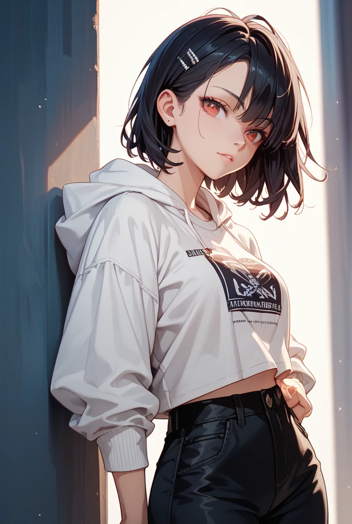 masterpiece,1girl,solo, short hair, black hair,hoodie,off shoulder:1.2, mob cap, street,hand on hip, hand in pocket,short pants .