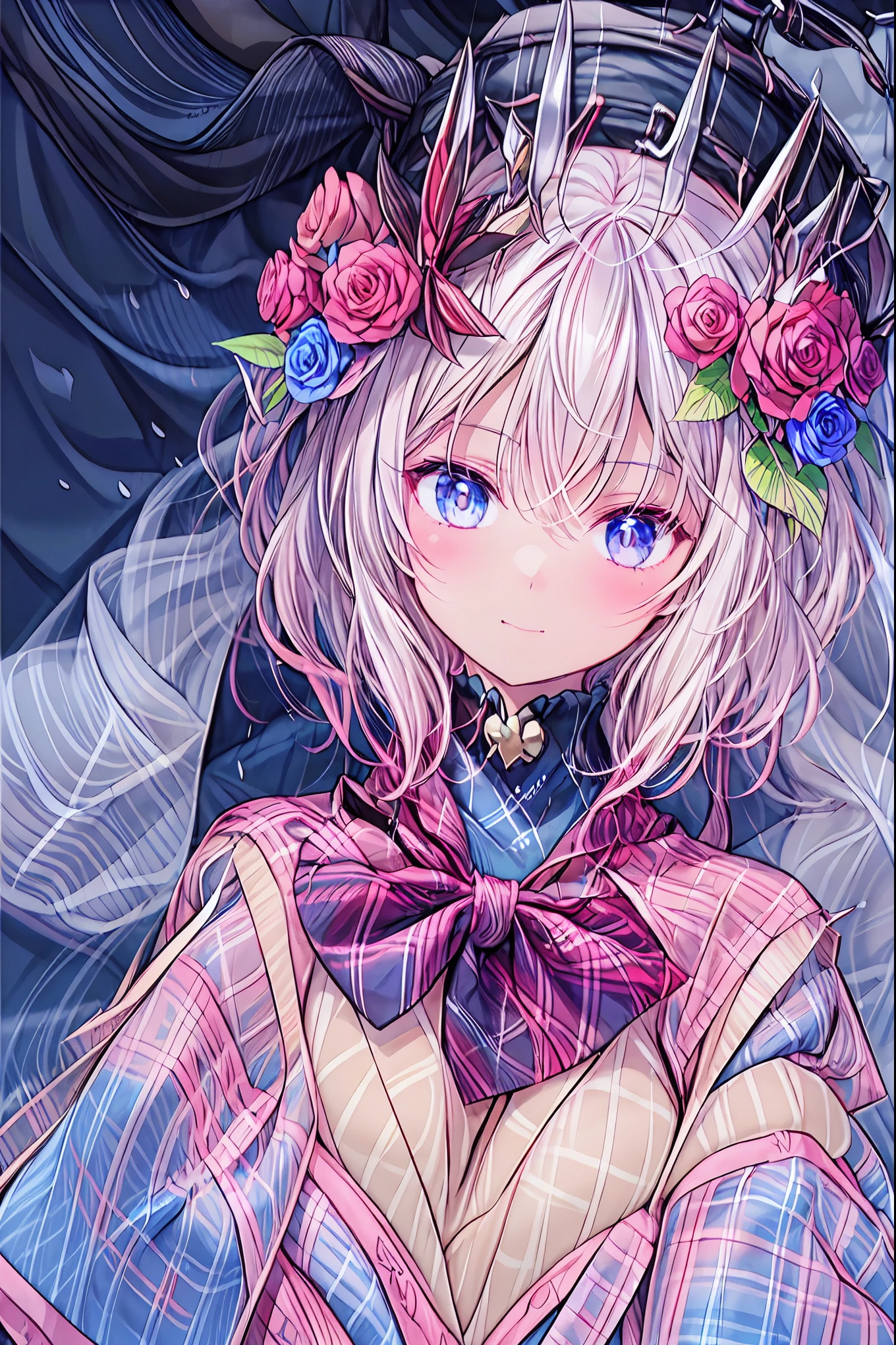 Blue Rose,(((大きなBlue Rose一輪))),((Roses are dancing)),((from above:1.2)),upper body,Bust Shot,face up,rozen maiden、The Rose Knight、 rose warrior 、Its beauty is like a rose、 petals一枚ごとに棘の秘密を隠す ,meteor、空から降り注ぐmeteor、無数のmeteor群、brown hair,shortcuts,disheveled hair,short braided hair,neat,Slender Beauty,correct posture,small breasts,beautiful legs,Her enchanting gray-blue eyes sparkle like stars,Saggy Eyes,Brilliant Colors,beautiful eyes,A delicate smile,Textured Skin,Highest Quality,gentle and beautiful woman,anime style、,1girl,detailed portraits,Gorgeous Maiden,Rose Night, rose warrior , petals,Rose Thorn ,Cinematic Lighting,vivid,soft lights,Brilliant Colors,very detailed,photorealistic,4K,8k,Professional Digital Art,masterpiece,Exact Details