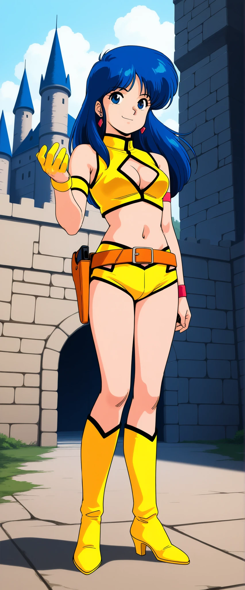 score_9, score_8_up, score_7_up,anime_screenshot,OFFICIAL ART,anime coloring, Balanced upper and lower body structure, uncensored,detailed, highres, masterpiece, best quality, amazing quality, official anime artwork, screencap, anime screenca, retro artstyle, 1990s (style),nsfw,BREAK,yuri,1girl, long hair,blue hair,earrings,blue eyes, yellow crop top,cleavage cutout,sleeveless,midriff, arm strap, Yellow glove on right hand, wristband on left arm, yellow single glove, wristband, yellow micro shorts,clothing cutout,belt,holster, yellow knee high heel boots,BREAK,standing,arms on side,BREAK, smile,BREAK,full body,(from front:1.5),looking at viewer,fantasy world,indoor,castle,