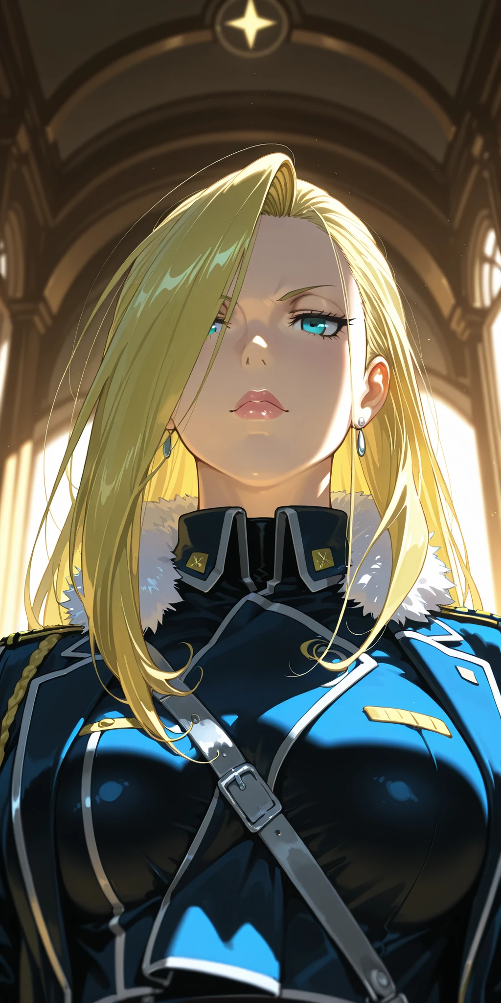 Masterpiece, elegant mature woman, milf,   tall body, curvaceous, olivier mira armstrong, lips,  (upper body), dynamic lighting, ultra detailed, highres, home, fullmetal alchemist anime style, military uniform, (dynamic angle)