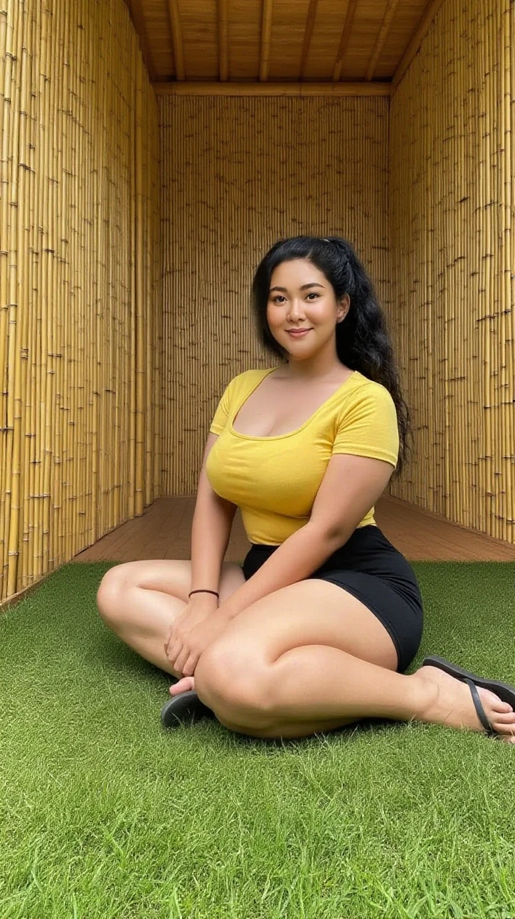 (hyperrealistic photo), exotic beautiful indonesian woman, plump, natural ???????????, knee-lenght sleevelesa batik housedress with intricate floral details, sit on rattan chair, sensual pose, naughty expression, showing peace sign with her finger,  looking at the viewer, natural light, wide angle full-body shot, indonesian village house in the background,