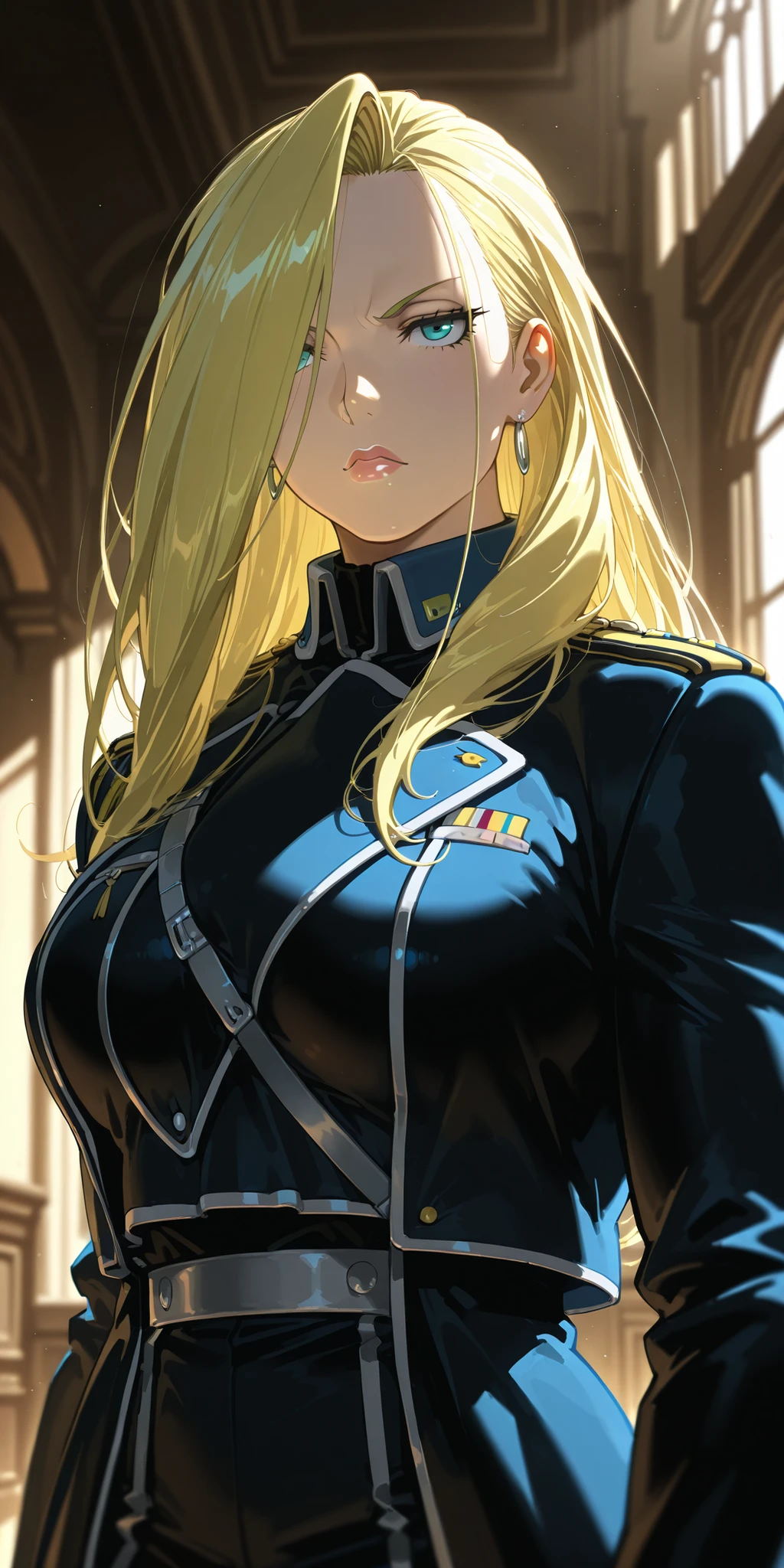Masterpiece, elegant mature woman, milf,   tall body, curvaceous, olivier mira armstrong, lips,  (upper body, standing), dynamic lighting, ultra detailed, highres, home, fullmetal alchemist anime style, military uniform