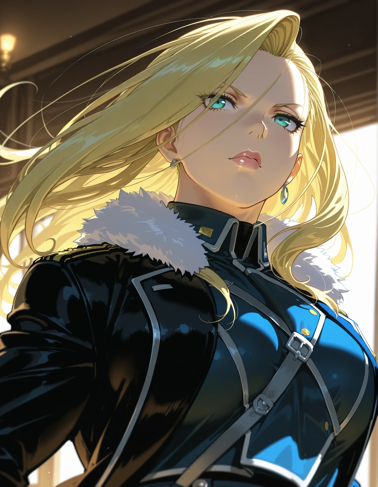 Masterpiece, elegant mature woman, milf,   tall body, curvaceous, olivier mira armstrong, lips,  (upper body, dynamic angle, dynamic pose), dynamic lighting, ultra detailed, highres, home, fullmetal alchemist anime style, military uniform