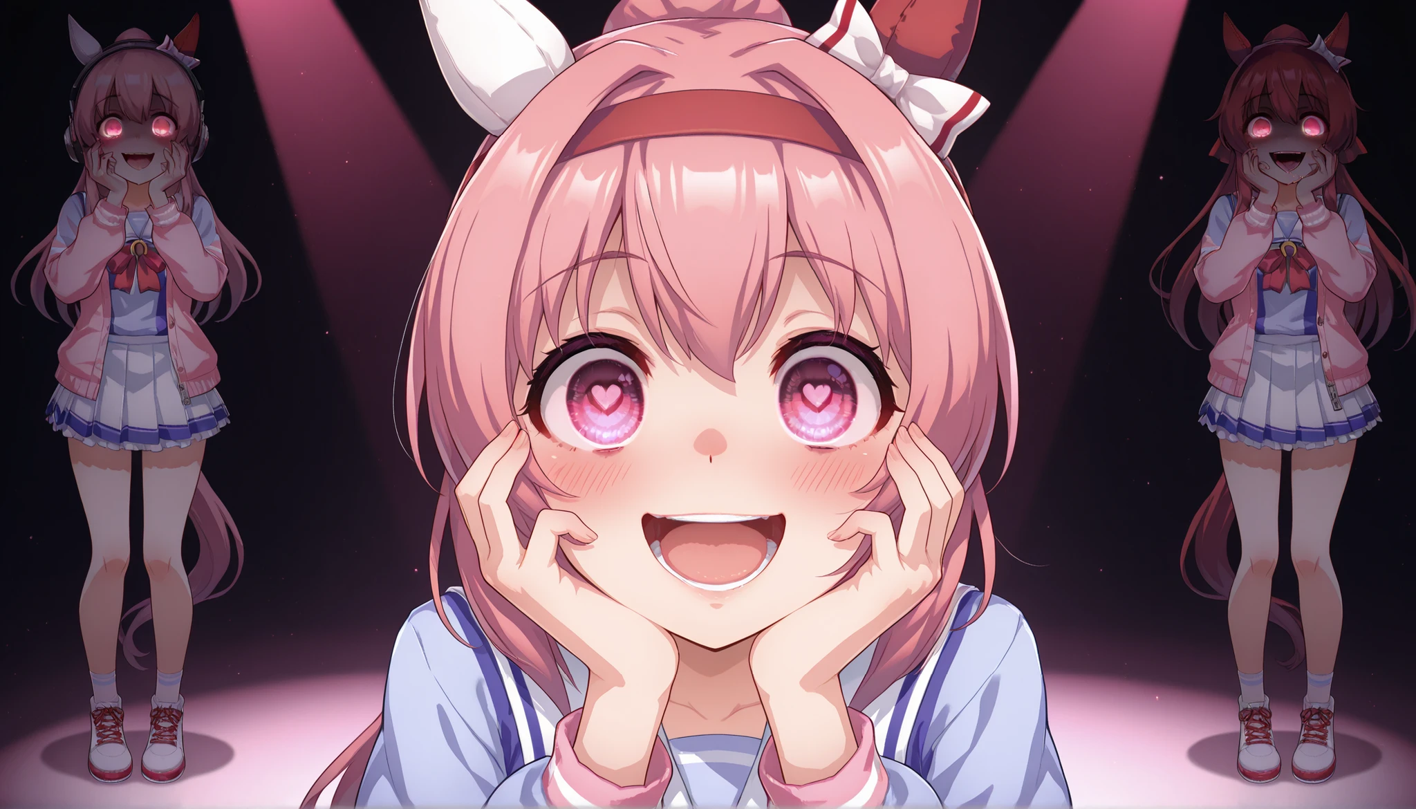 UMAHU,horse ears,red ear covers,white hairbow,red headband,pink hair,ponytail,pink eyes, animal print, yandere, hands on own cheeks, hands on own face, crazy eyes, crazy smile, crazy, heart-shaped pupils, glowing eyes, symbol-shaped pupils, hand on own face, open mouth, glowing, blush, looking at viewer, DJ headphones, (Standing in front of the DJ equipment Full body shot), The spotlight shines on