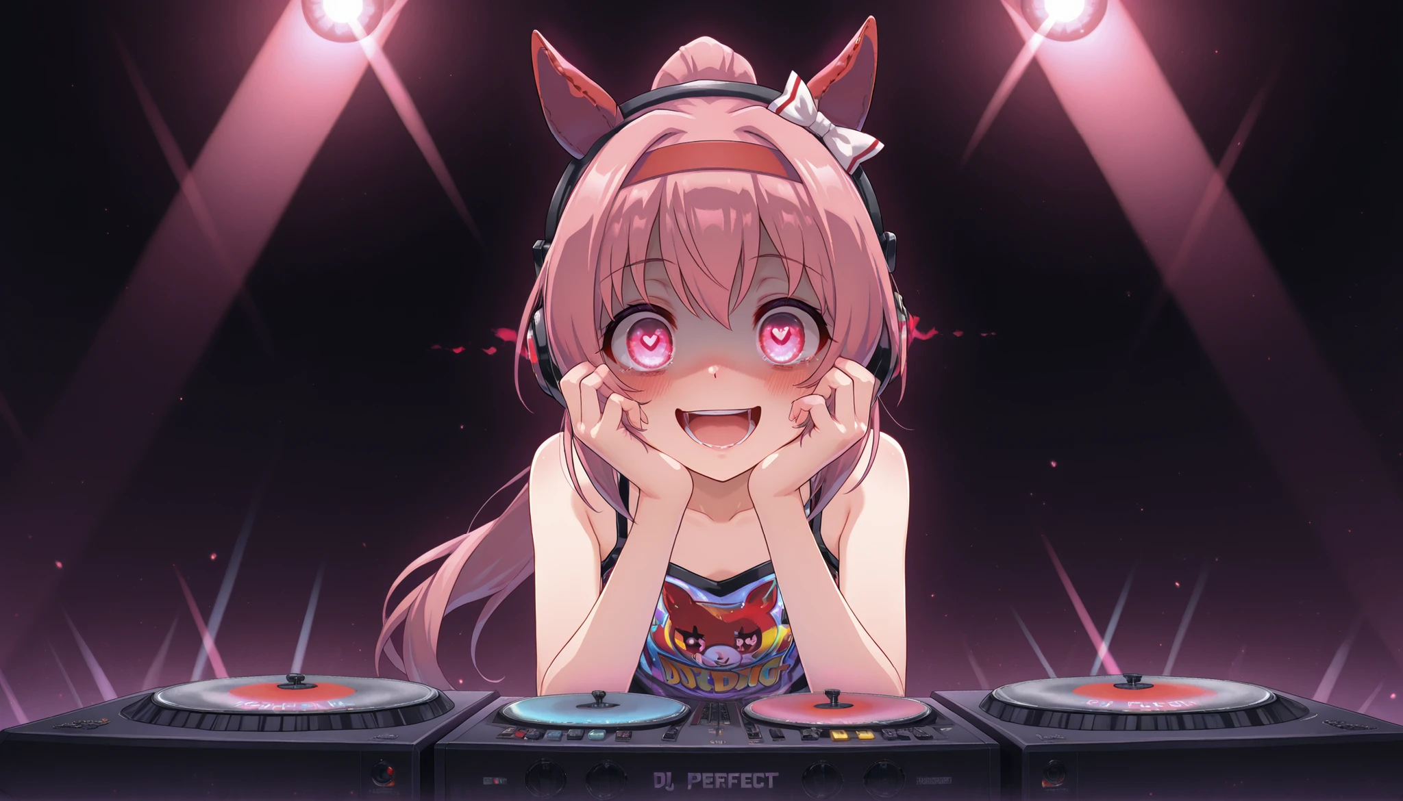 UMAHU,horse ears,red ear covers,white hairbow,red headband,pink hair,ponytail,pink eyes, animal print, yandere, hands on own cheeks, hands on own face, crazy eyes, crazy smile, crazy, heart-shaped pupils, glowing eyes, symbol-shaped pupils, hand on own face, open mouth, glowing, blush, looking at viewer, (((DJ headphones, Standing in front of the DJ equipment Full body shot,))), (Perfect hands, Perfect Anatomy), shaded face, DJ playing music in a music studio with headphones, ,Perfect Lighting, Perfect Skin, Detailed skin texture,