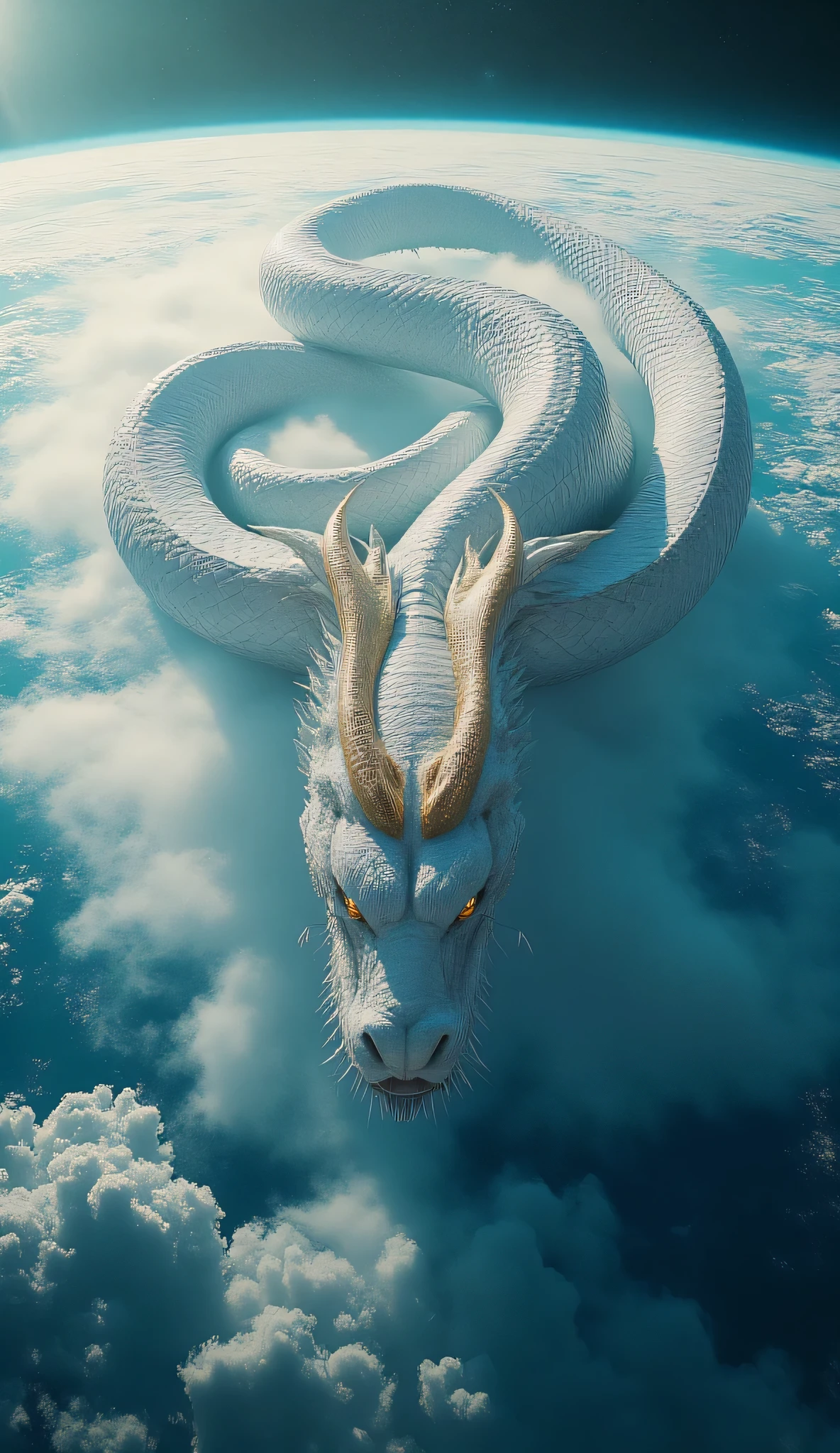 a gigantic white dragon snake spread over the surface of planet Earth, seen from space, his body glides majestically between the clouds and over the curvature of planet, pearlescent scales with silver and bluish reflections, hyperrealistic texture with visible microdetails in each scale, golden eyes shining with mystical energy, luminous amber-toned horns, glowing blue atmosphere, sunlight bathing his body and casting soft shadows on the clouds, oceans and continents visible below, cinematographic composition showing the colossal scale of the dragon, feeling of divinity and calm, ultra-detailed cosmic realism, epic fantasy masterpiece, professional lighting, Ultra HD 8K, digital art with hyperrealistic focus sharp and impressive spatial depth.
