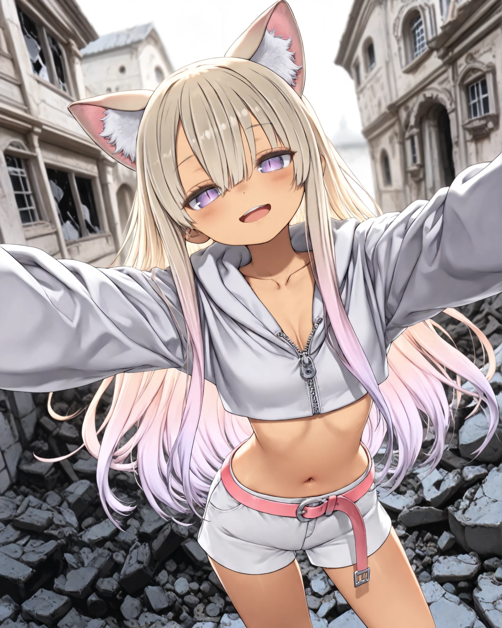 ((Kuroboshi Kouhaku style)), ((Masterpiece)), ((best quality, amazing quality)), (backlighting), ((very aesthetic, absurdres, newest)), ((detailed background, negative space, blurry background, depth of field, Asymmetrical background)), (dynamic angle, from above), ((1girl)), Cute young Girl, (Healthy Gaunt body, Textured skin, small breast, tilt head), (brown-skin)), (Pale blonde hair, gradient hair, Pastel colors Hair Tip), ((hair between eyes, long bangs, long side bangs), Beautiful collarbone, ((cropped hoodie with zipper, long sleeves, cute navel)), (pink belt, white shorts), seductive smile, blush, (open mouth), (Cat ears), (slightly exposed cleavage), BREAK,  (jitome, big eyes, slit pupils, pale purple eyes, gradient eyes, averting eyes, looking at side), (cute cheeks), glossy lips, pouty lips, (lower eyelashes), (foggy effect), incoming hug, reaching out arms at front, (contrapposto, loose standing on the Slope of rubble), outdoor, Mossy abandoned ruins, Mossy wall, broken windowpane, ((+++)), (european architecture)distinct, (heavy outline),
