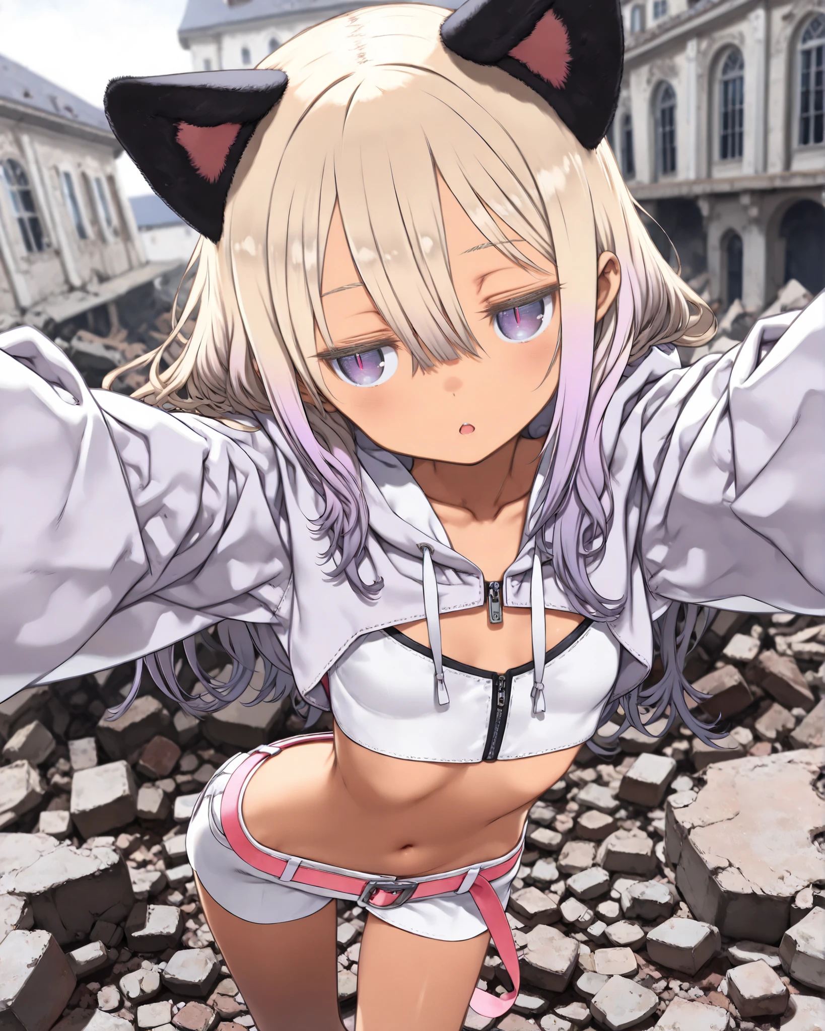 ((Kuroboshi Kouhaku style)), ((Masterpiece)), ((best quality, amazing quality)), (backlighting), ((very aesthetic, absurdres, newest)), ((detailed background, negative space, blurry background, depth of field, Asymmetrical background)), (dynamic angle, from above), ((1girl)), Cute young Girl, (Healthy Gaunt body, Textured skin, small breast, tilt head), (brown-skin)), (Pale blonde hair, gradient hair, Pastel colors Hair Tip), ((hair between eyes, long bangs, long side bangs), Beautiful collarbone, ((cropped hoodie with zipper, long sleeves, cute navel)), (pink belt, white shorts), seductive smile, blush, (open mouth), (Cat ears), (slightly exposed cleavage), BREAK, (jitome, big eyes, slit pupils, pale purple eyes, gradient eyes, averting eyes, looking at side), (cute cheeks), glossy lips, pouty lips, (lower eyelashes), (foggy effect), incoming hug, reaching out arms at front, (contrapposto, loose standing on the Slope of rubble), outdoor, Mossy abandoned ruins, Mossy wall, broken windowpane, ((+++)), (european architecture)distinct, (heavy outline),