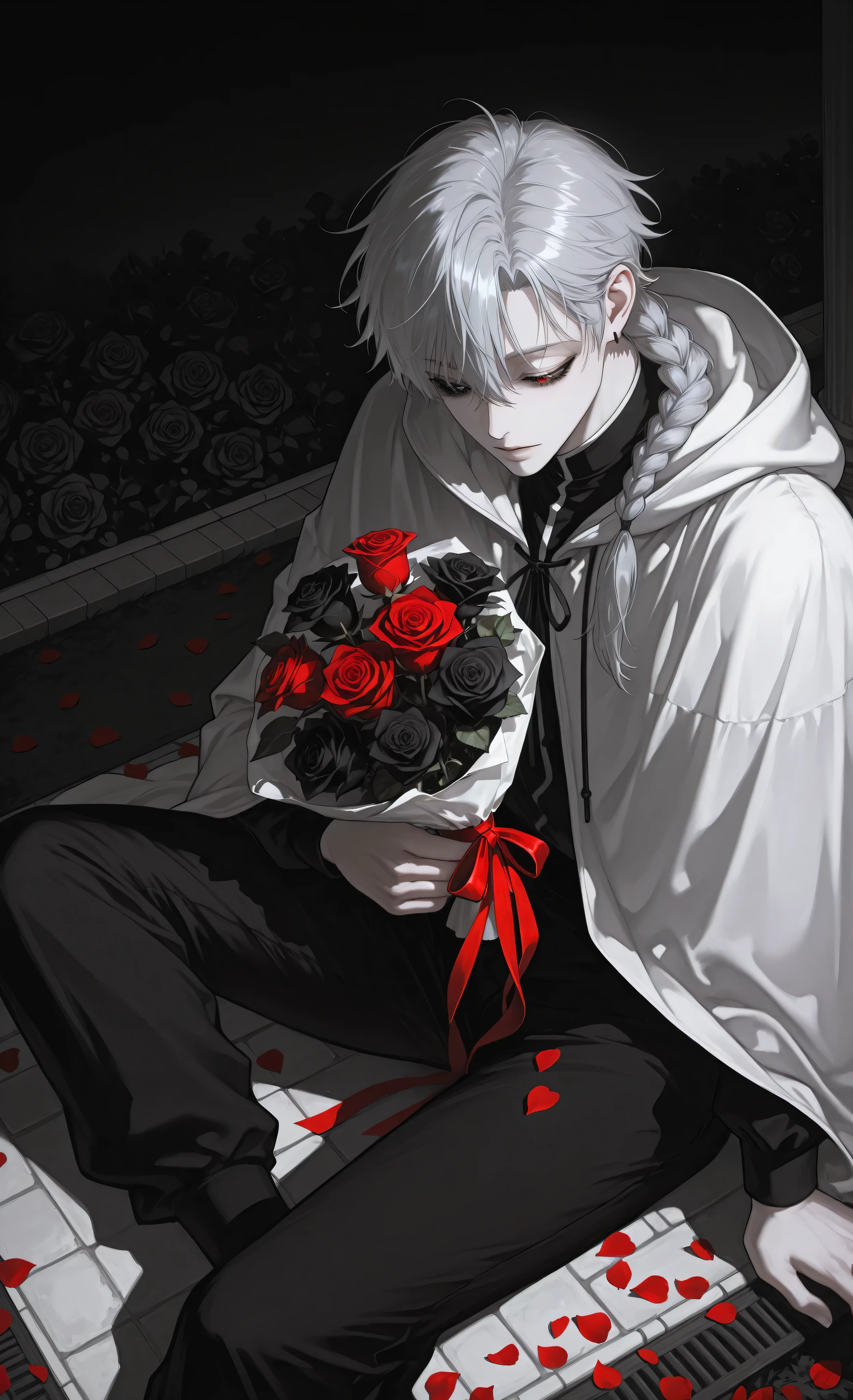moody lighting, dramatic shadows, bloom lighting, colored shadows, (masterpiece, best quality, 8k, ultra detailed, sharp focus, digital painting), anime style, dreamlike atmosphere, nocturnal serenity,
1person, 1male, solo, ambiguous ethnicity, late teens to early twenties, seated with legs crossed,
pale skin, short silver hair with single braid,
heterochromia (one light eye, one dark eye), gentle expression looking down,
wearing: white button-down shirt, black pants,
white hooded cloak with black trim, visible earring,
action: holding (bouquet of black and white roses:1.4) tied with red ribbon,
setting: (sitting in garden at night:1.5), surrounded by white rose bushes,
moonlight, (scattered red rose petals on ground:1.3),
bright star in sky, soft-focus background,
lighting: (moonlight glow:1.4), soft lighting, cool color palette,
ethereal atmosphere, delicate shadows,
composition: slightly elevated angle, clean lines, detailed rendering,
melancholic beauty, peaceful nocturnal scene