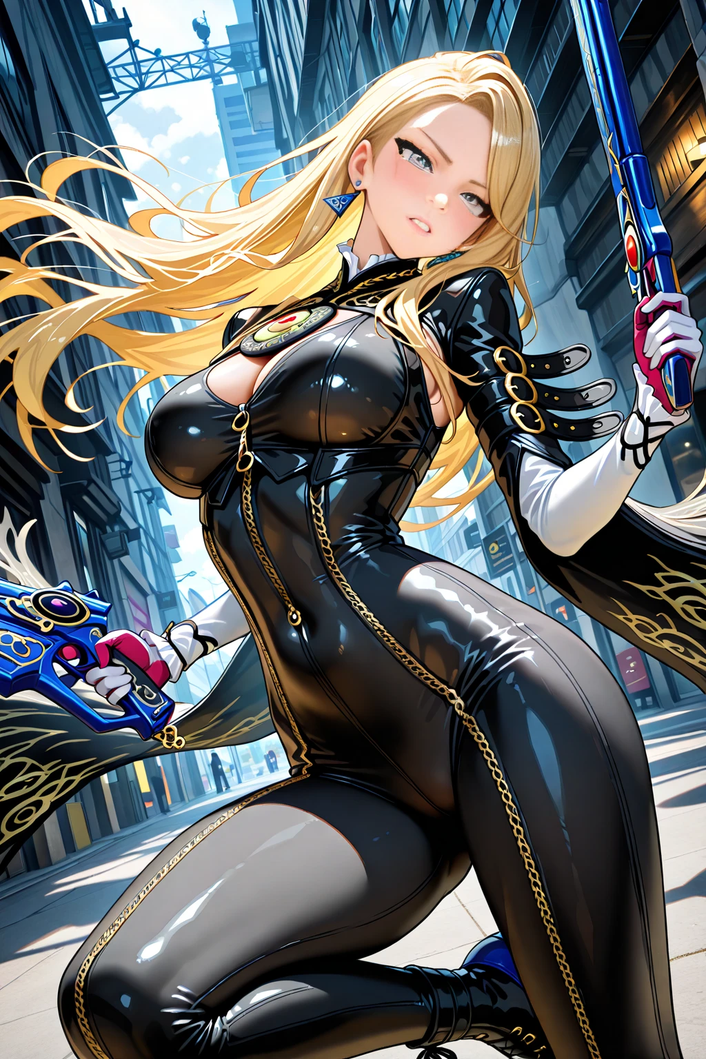 Enchanting Blue Rogue、Sensual vampire in short blue clothes、Staring at the viewer、Flowing blonde hair、menacing gaze、Sparkling vampire fangs、Stain her pale face、Large, Sharp claws are ready to pounce、In a dark vision of the city at night