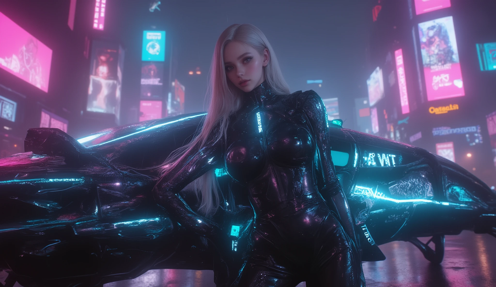 
(Masterpiece), (best quality), ultra-detailed, photorealistic, 8K resolution, cinematic daylight and neon atmosphere

A full-body hyperrealistic cyberpunk portrait of a stunning young gothic woman in a sleek black latex , standing in a dramatic pose beneath glowing neon billboards. She leans casually against a futuristic armored hovercar in the heart of a rain-soaked megacity at night.

Her right arm is a fully articulated chrome cybernetic limb, with glowing data lines pulsing through transparent panels. Long, silky platinum hair with neon streaks flows slightly in the wind, framing a flawless face with icy-blue eyes and a confident smirk. Her outfit gleams under the reflections of the wet streets, accentuating her athletic feminine form.

Behind her, towering skyscrapers fade into mist, filled with holographic ads, flying cars, and shifting pink, cyan, and violet neon light. The hovercar’s surface is covered in luminous circuit patterns and kinetic armor plating, softly glowing with power. A faint holographic HUD projects from her cyber-arm, casting a cyan glow across her face.

The atmosphere is cinematic and moody: heavy rain, reflective puddles, drifting steam, shimmering neon shadows. Hyperdetailed textures, atmospheric depth of field, bokeh effects, perfect , trending on ArtStation, Unreal Engine rendering, ultra photorealistic cyberpunk concept art.