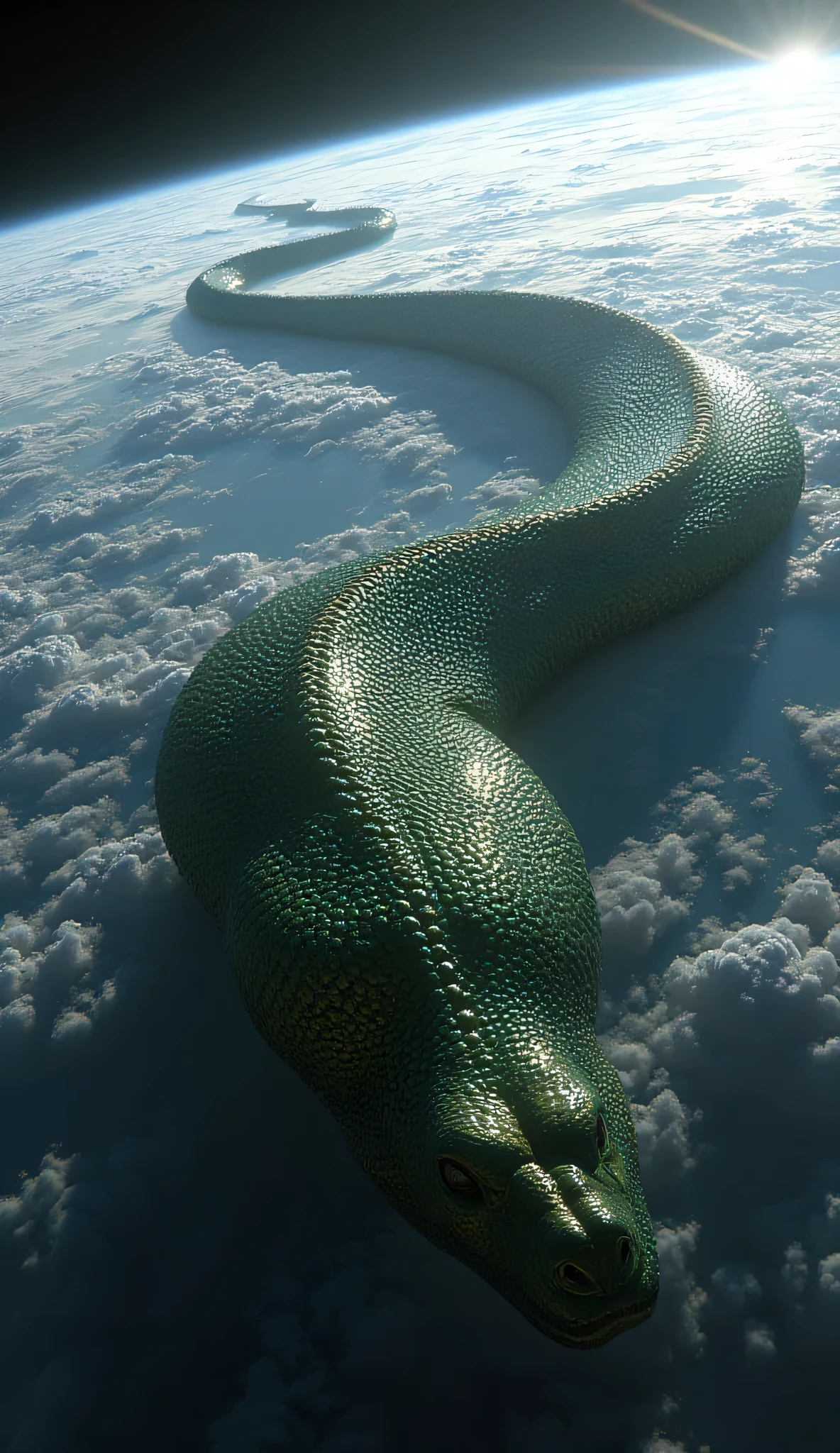 A gigantic green anaconda spread across the surface of planet Earth, seen from space, its body gliding majestically between the clouds and over the curvature of the planet. Pearly scales with silver and blue reflections, hyper-realistic texture with micro-details visible on each scale,
with mystical energy, shimmering blue atmosphere, sunlight bathing its body and casting soft shadows on the clouds, oceans and continents visible below, cinematic composition, sense of divinity and calm, ultra-detailed cosmic realism, epic fantasy masterpiece, professional lighting, Ultra HD 8K, hyper-realistic digital art with sharp focus and stunning spatial depth.
