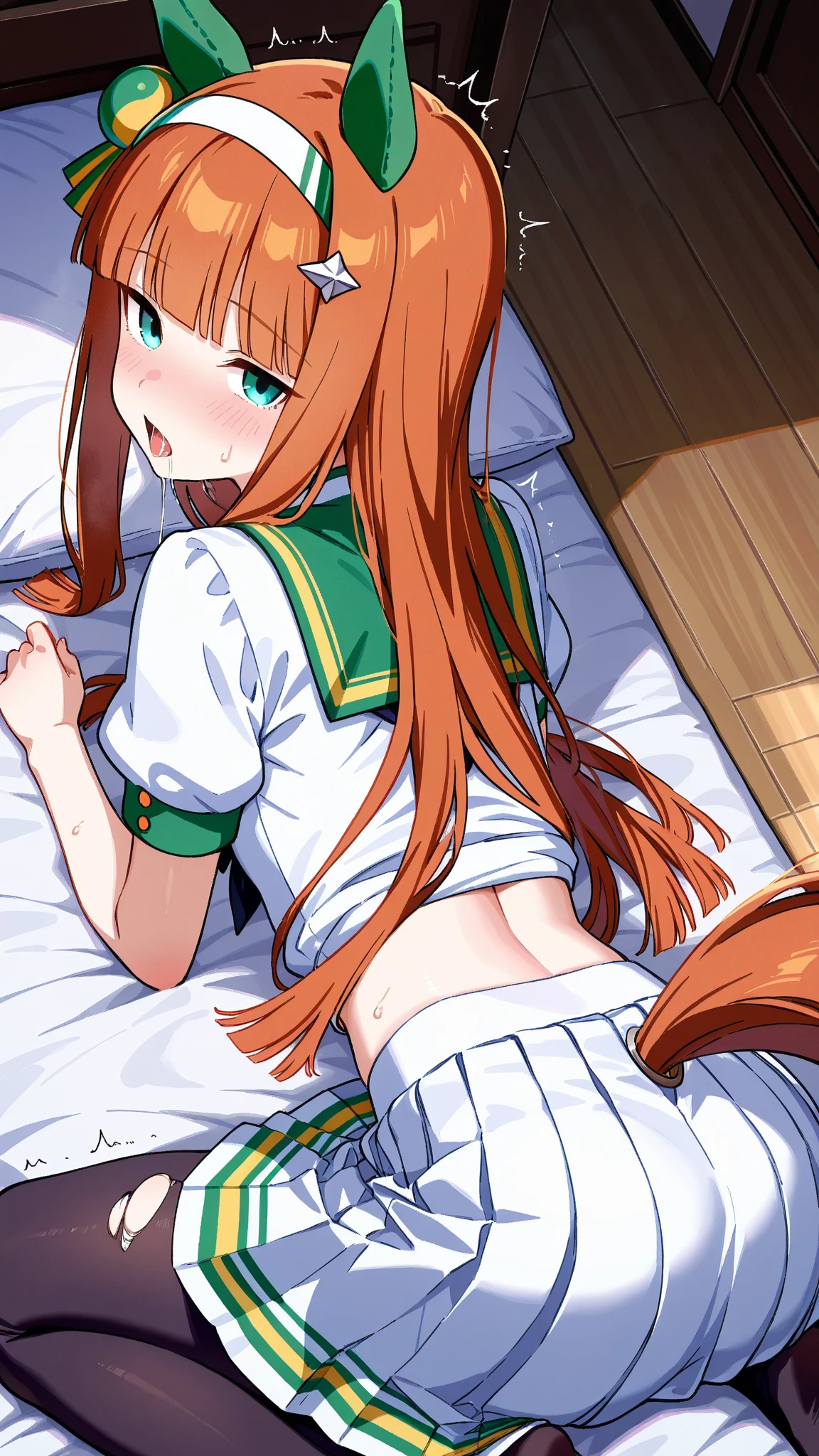 Silence Suzuka、blush,smile、Long Hair、Orange Hair、Horse Girl、Green costume、In uniform、The back is very small、Small ???????、Please show me your armpits、exterior: 14 years old、Shoulder ????、The clavicle is visible、???? thighs、Beautiful feet、Usual hairstyle、最high quality, High resolution, ユニティ 8K 壁紙, (shape:0.8), (Beautiful and beautiful eyes:1.6), Highly detailed face, Perfect lighting, Extremely detailed CG, (Perfect hands, Perfect ???????),(最high quality,4K,8K,High resolution,masterpiece:1.2)、 (cryin) ,Cute Characters, Most detailed, high quality、(??????????, 1boy, ?????, lying, vaginale, ??? pov, ???????????, ???, ????)、nose blush、steam、Oblique angle、Shiny Hair、Very fine and beautiful bright eyes、be scared、Very detailed, clear and beautiful face,Slender body、Awards, Anatomically correct、((Scared))