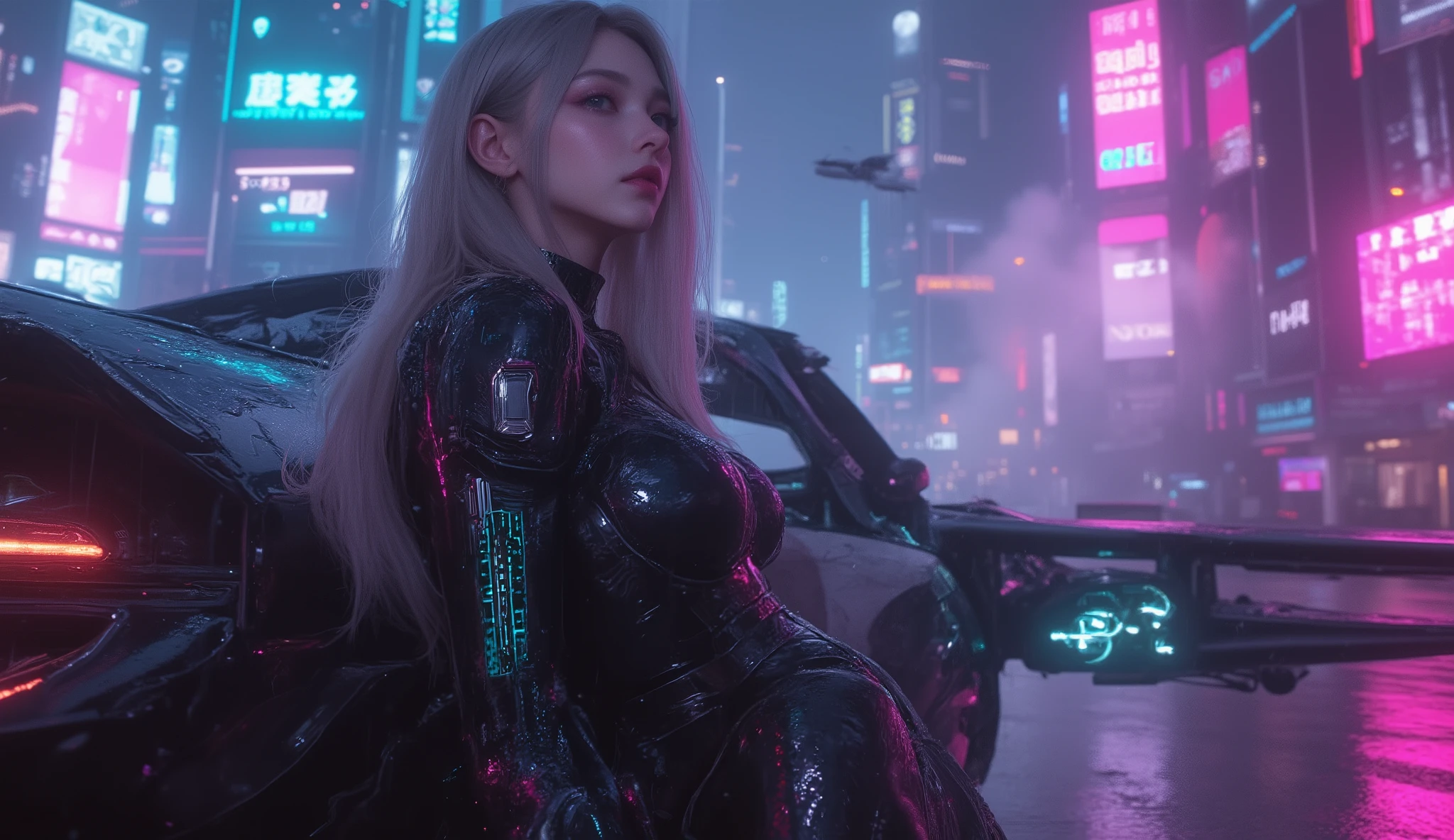 
(Masterpiece), (best quality), ultra-detailed, photorealistic, 8K resolution, cinematic daylight and neon atmosphere

A full-body hyperrealistic cyberpunk portrait of a stunning young gothic woman in a sleek black latex , standing in a dramatic pose beneath glowing neon billboards. She leans casually against a futuristic armored hovercar in the heart of a rain-soaked megacity at night.

Her right arm is a fully articulated chrome cybernetic limb, with glowing data lines pulsing through transparent panels. Long, silky platinum hair with neon streaks flows slightly in the wind, framing a flawless face with icy-blue eyes and a confident smirk. Her outfit gleams under the reflections of the wet streets, accentuating her athletic feminine form.

Behind her, towering skyscrapers fade into mist, filled with holographic ads, flying cars, and shifting pink, cyan, and violet neon light. The hovercar’s surface is covered in luminous circuit patterns and kinetic armor plating, softly glowing with power. A faint holographic HUD projects from her cyber-arm, casting a cyan glow across her face.

The atmosphere is cinematic and moody: heavy rain, reflective puddles, drifting steam, shimmering neon shadows. Hyperdetailed textures, atmospheric depth of field, bokeh effects, perfect , trending on ArtStation, Unreal Engine rendering, ultra photorealistic cyberpunk concept art.