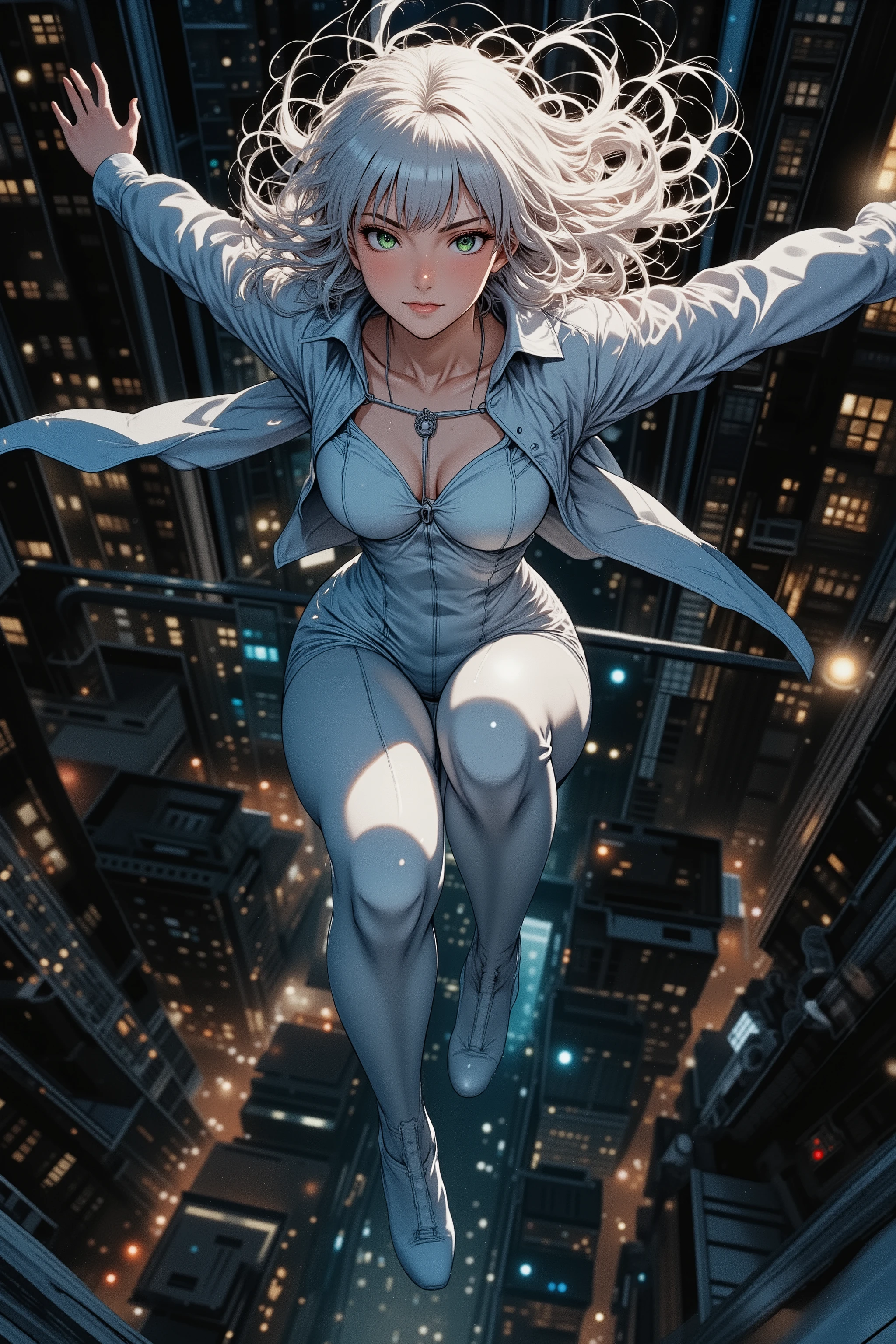 Full body shot, dynamic action pose, angled pose, three-quarter view, with ample space, no cropping.
She is captured mid-air, falling gracefully through the sky with both arms spread wide, as if soaring or descending with purpose.
Her body is subtly arched, conveying a sense of freedom and control in her descent.

A tall, beautiful, and charismatic 25-year-old woman, a formidable secret agent.
Her youthful Japanese anime face has soft rounded features and flat green anime-style eyes.
Her expression is a calm, confident, and knowing smile, her eyes sparkling with cool determination and subtle satisfaction.
Sleek, long waist-length hair of pure white snow with blunt bangs streams dynamically upwards or sideways, whipped by the wind of her fall.
Wearing a sleek, skin-tight, pale blue  made of high-gloss, reflective material. The suit has stylish geometric openings at the  and navel.

The background is a predominantly dark, deep night sky, with only a very subtly blurred, distant night city skyline below, showing faint glimmers of light.
The dark, ambient sky suggests a high altitude, with minimal cloud or atmospheric haze, emphasizing the vast emptiness.
Below her, the blurred urban sprawl is barely visible, a sparse mosaic of dim lights.

Aesthetic: retro anime, gritty cyberpunk, stylized portrait, epic action, cinematic grandeur.
Color Palette: Dominant deep blacks and dark blues of the night sky, with very sparse, muted neon accents from the distant city lights.
Lighting: Dramatic, strong rim lighting from a highly obscured light source far below, highlighting her silhouette and form against the deep dark. Minimal ambient glow.
Mood: Cool, confident, powerful, and utterly in control, capturing a serene yet thrilling descent.
Technicals: shallow depth of field (focusing on the character), subtle motion blur on the background, atmospheric perspective, faint bokeh effects from distant city lights.
