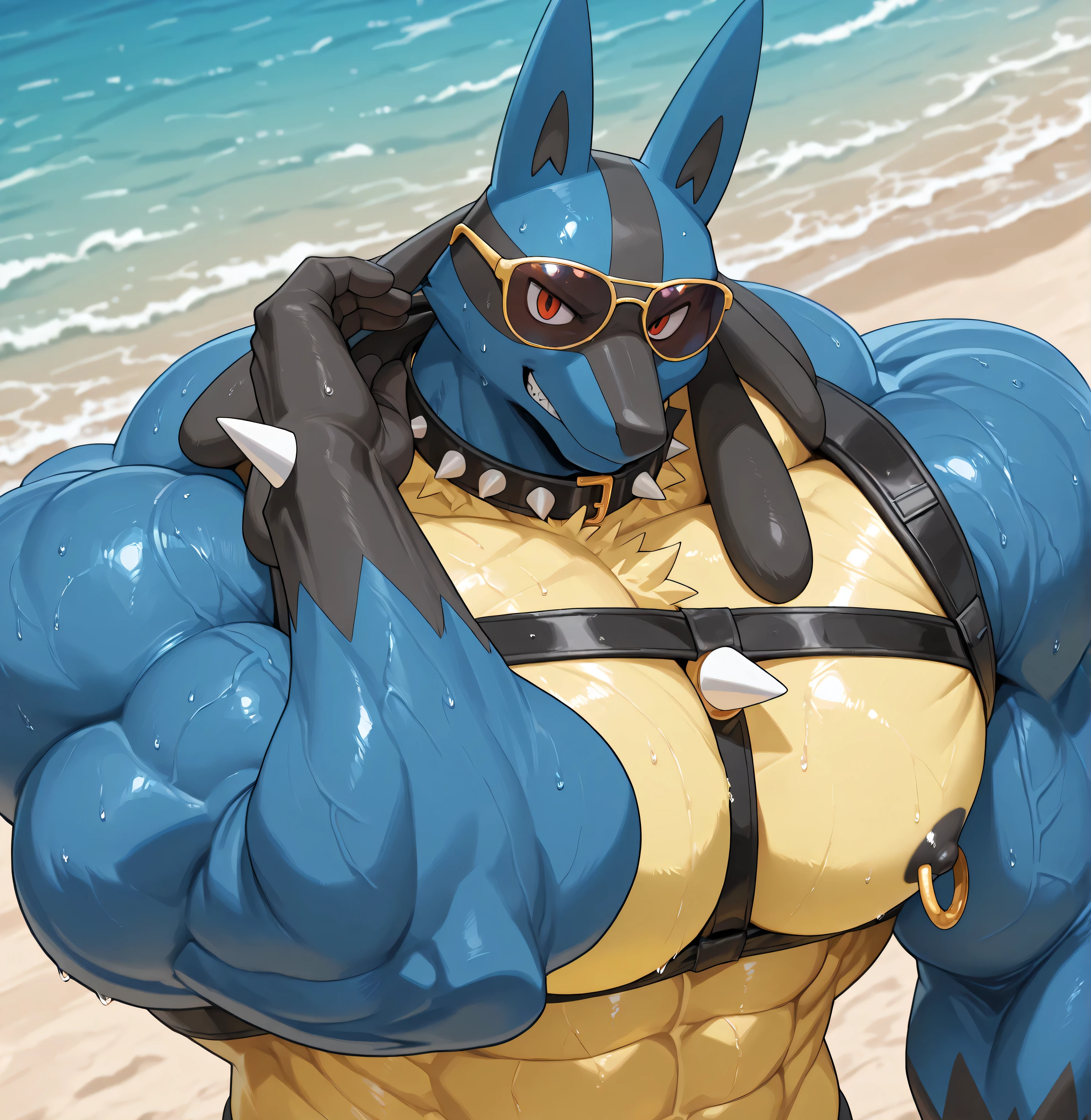 Solo, male (((shark, yellow eyes, muscular, broad shoulders, pink body, black beard, huge pecs, abs, tail, fin, non-mammal navel, nose piercing, ring piercing, sharp teeth, teeth, , smirking, spiked wrist bands, black , huge bulge))) standing, beach, flexing, by darkgem, by mystikfox61, by glitter trap boy