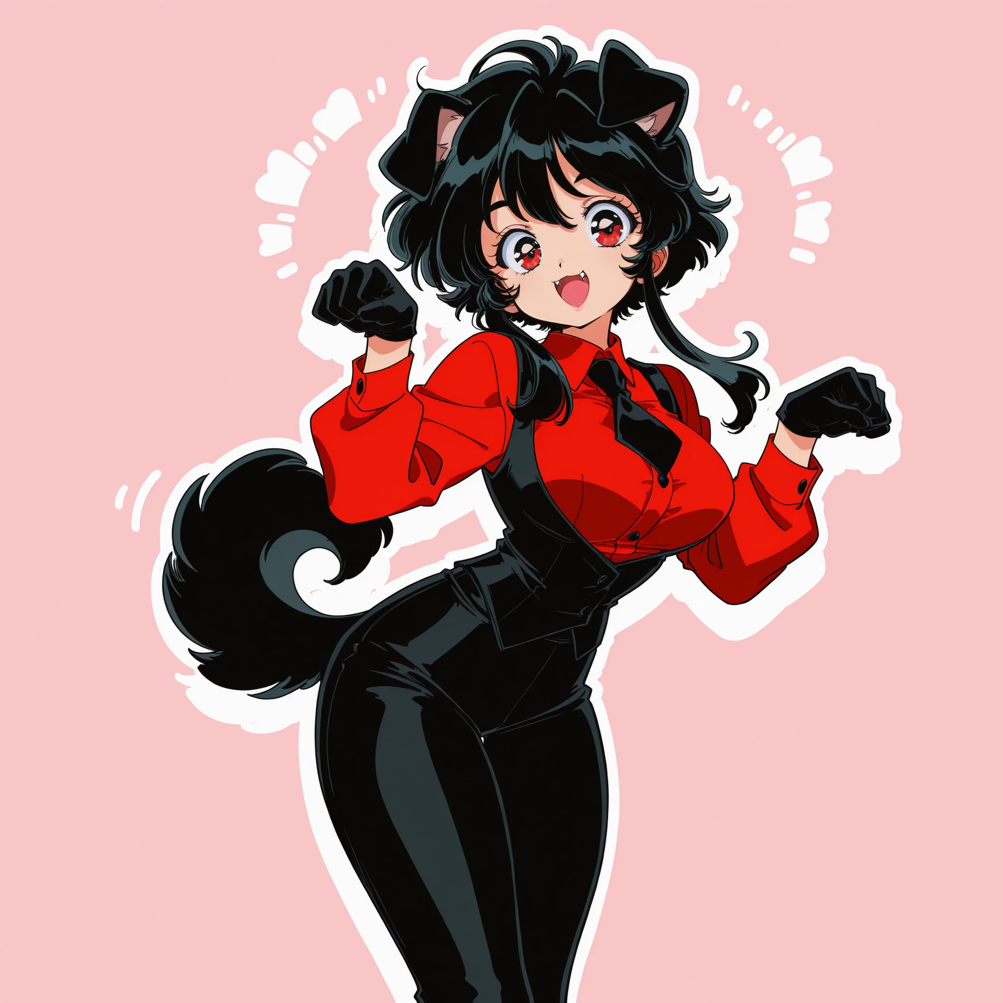 masterpiece, ultra-HD, impressionism, high detail, best quality, very aesthetic, 8K, best quality, beautiful, ultra-high resolution, 32K UHD, sharp focus, hrn_yc Style, bokeh, retro artstyle, 1990, 1girl, solo, short messy black hair, long locks, red eyes, slit pupils, pointy dog ears, dog tail, sharp fangs, almond-shaped eyes, eyelashes, pink lips, big breasts, narrow waist, wide hips, thick thighs, shapely legs, slim, petite, burgundy buttoned shirt, black waistcoat, black pants, black tie, black gloves, blushed, smile, cute, :D, paws pose, standing, looking at the viewer, simple background, front view