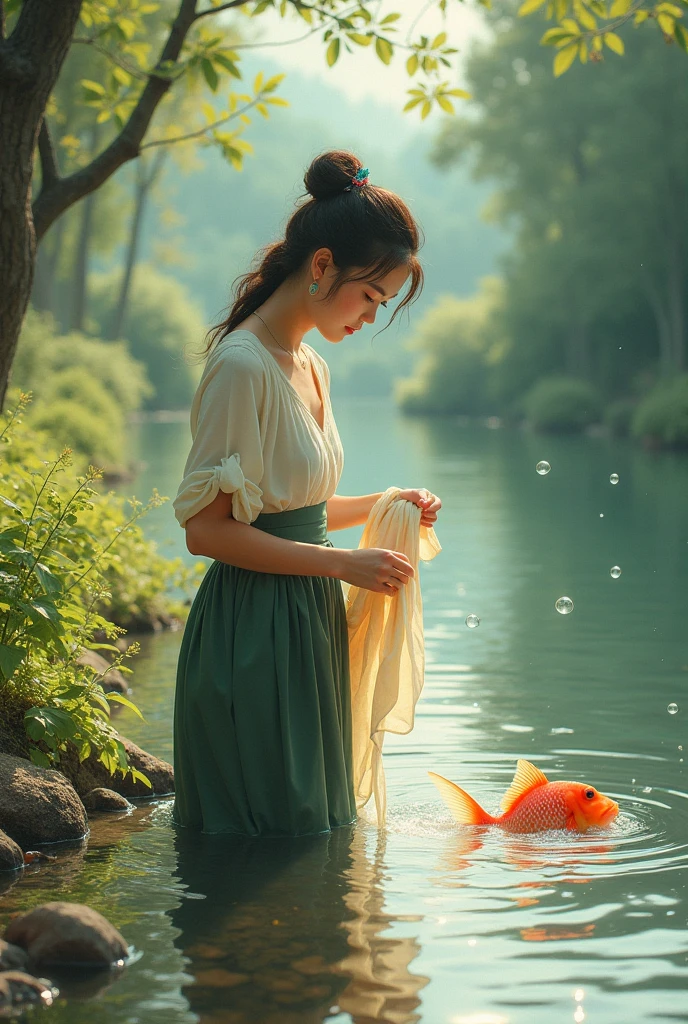 A woman washes clothes by the river，A carp secretly spits bubbles a little far from the riverside