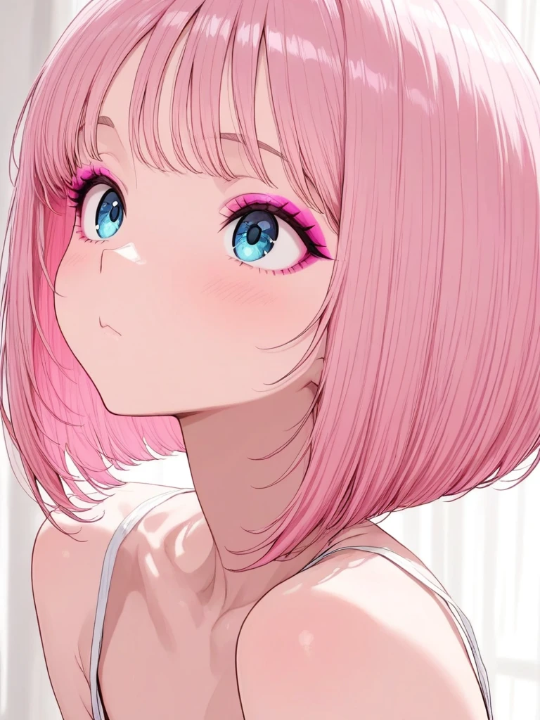 (masterpiece, best quality:1.2), 1girl, solo, Pink hair, pink eyeshadow, blue eyes, bangs, bob haircut, very cute, adorable, energetic girl