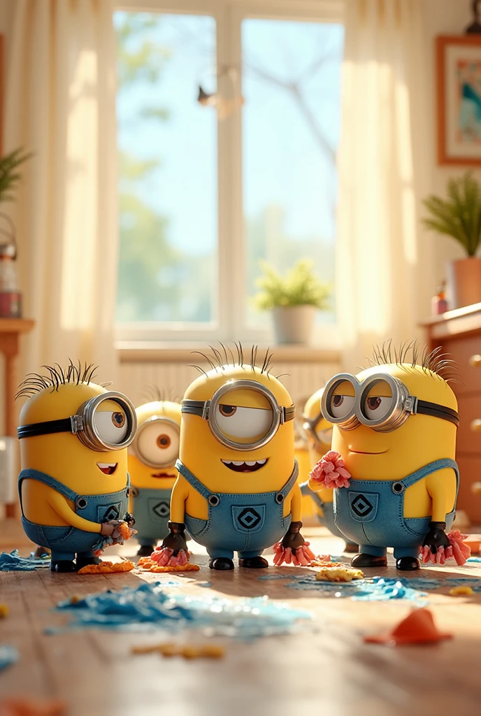 5 minions clean up with rags in their hands,in a bright beautiful ...