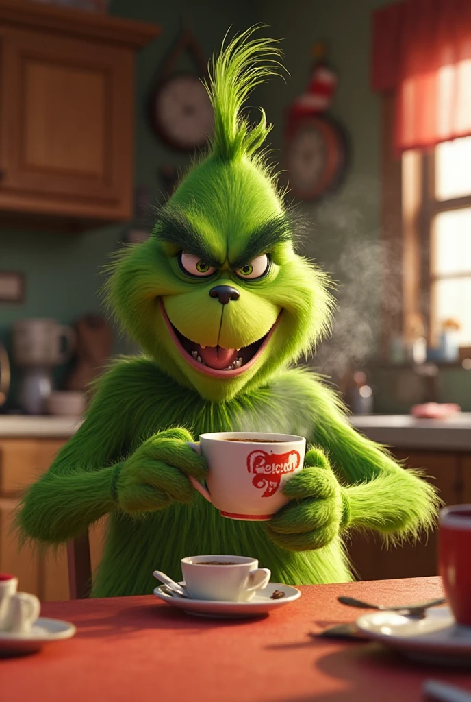 Animated 3D cartoon image, of the movie character the Grinch with his characteristic mischievous smile and furry green fur, expressive eyes and playful posture, In his kitchen having a coffee 