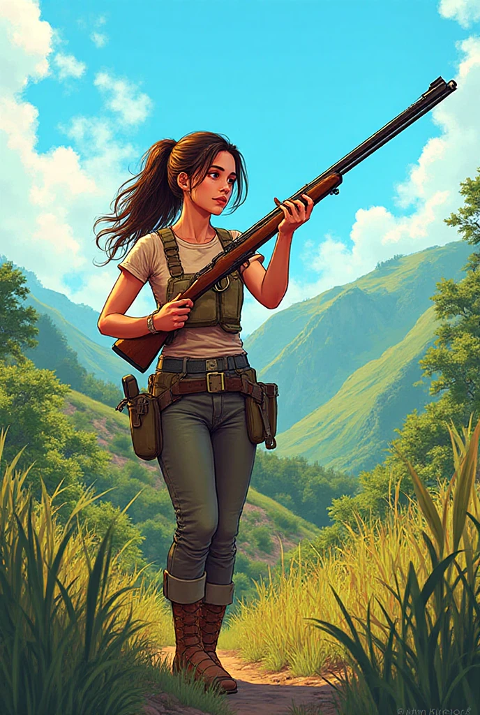 Cartoon of a brown woman, with dark brown hair, up to the shoulders, wearing a beige backpack, A blue t-shirt, bermuda, Musco green, with a pistol strap around her waist, the athletic woman wears gloves on her hand, and holding a 9mm pistol, she looks like an adventurer, fleshy lips, thin nose ,  dark brown eyes , with athletic size, she is wearing a boot, in a wild setting, in the middle of the forest 