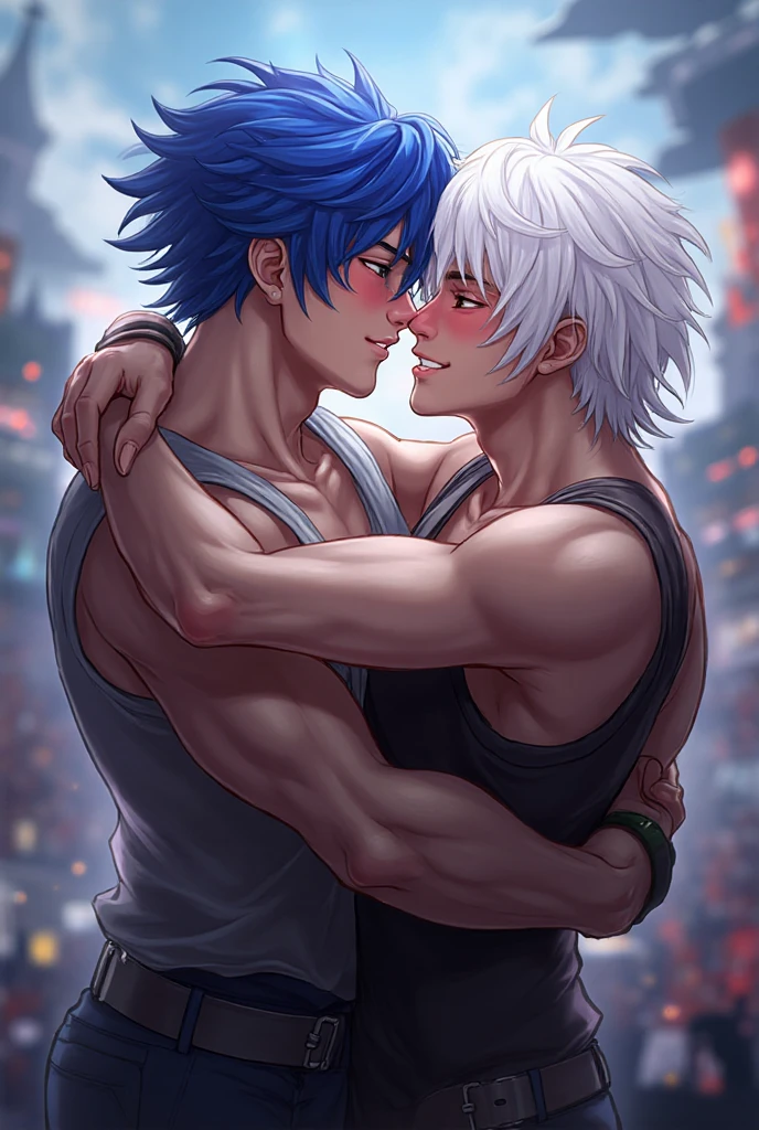 2 boys duo 2men rugged muscular  kissing (), Natsu Dragneel and Gray Fullbuster kissing in a forest. Good body proportions, good composition, arms on waist, embrace, good arms good hands, ((distinct arms:1.2)). Tattoos and two  and two  and rugged. (Masterpiece, HD, 8K, Detailed skin texture, fireflies droplets, particles, change render, artstation, deviantart)