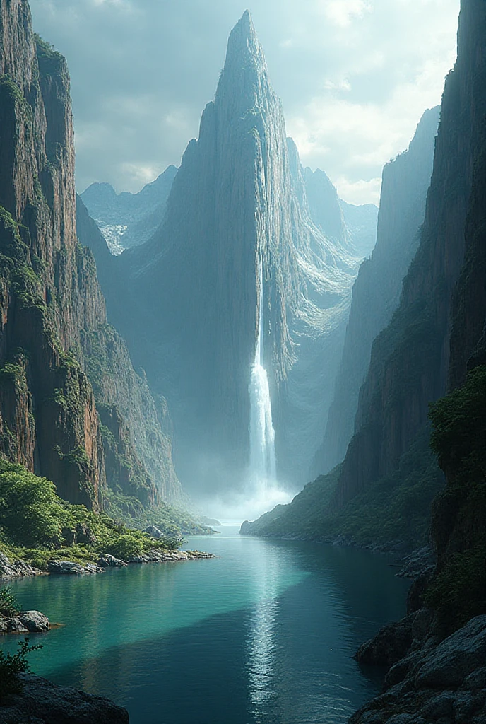 Monica Bellucci, beautiful,  completely , very large breasts, standing in a river, long earrings, long dark brown flowing hair, boobs and butt visible, full body image, waterfall in background, fog, rear view , photorealistic, high resolution