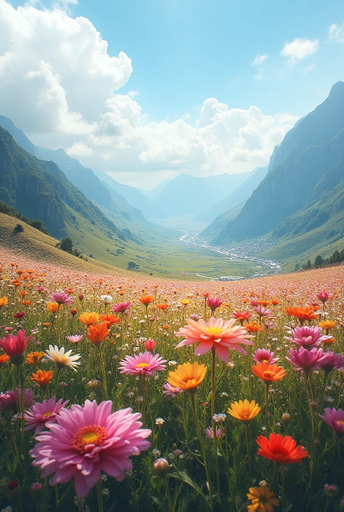  highdefinition images 、 Flower fields in the Swiss Highlands 、  Best Picture  、 A plateau with a fresh breeze 、 Magical beings hidden in the prairie and mysterious colorful flowers 、 8k(  High Quality Seven Colored Flowers  ) A plateau full of fantasy、 A refreshing plateau landscape image。You can see the cityscape under the plateau。