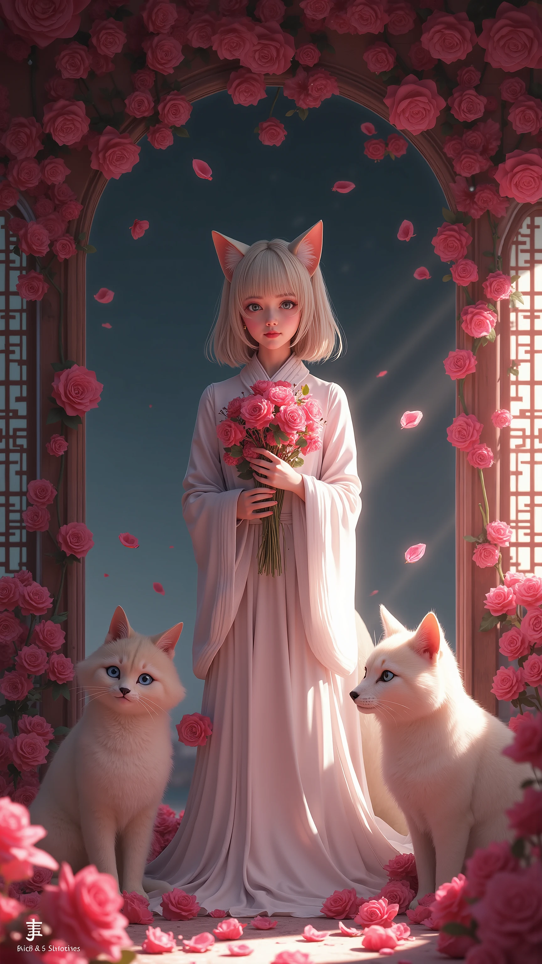 high-definition images、in an old Japanese temple、a room covered with black roses and red roses、（The cat girl at the temple）smiling with pink roses in her hands and being with wild foxes